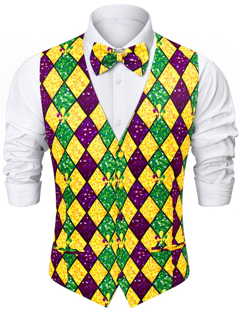 Fashonal 2-Piece Men's Mardi Gras Halloween Vest, Waistcoat Vest & Bow Tie S-3XL, Harlequin, Large