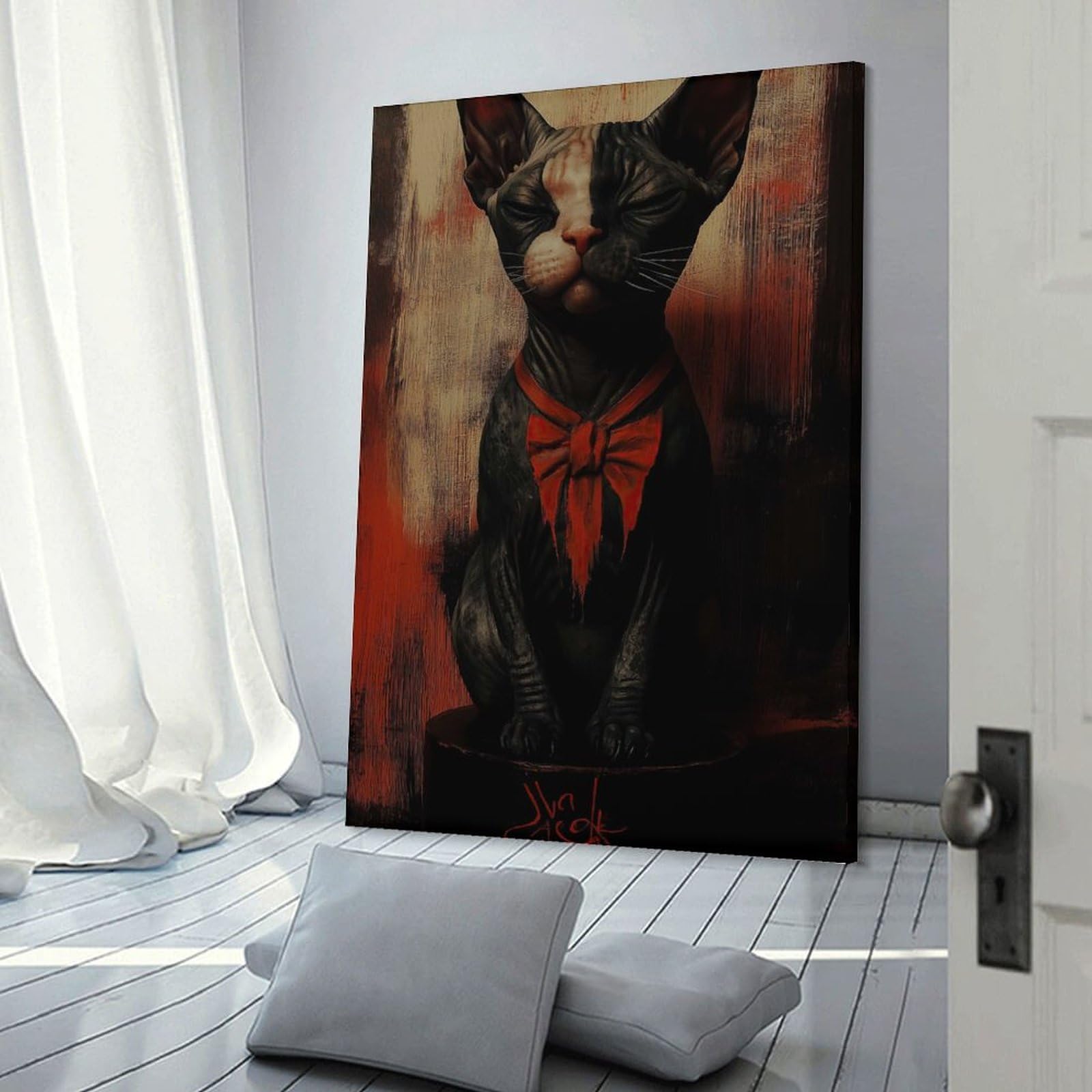 Junmoney Wall Picture Print Sphynx Cat with Bow Tie, 24x36inch(60x90cm), for Living Room, Lounge Or Sitting Room, Modern Wall Decor for Cosy Interiors