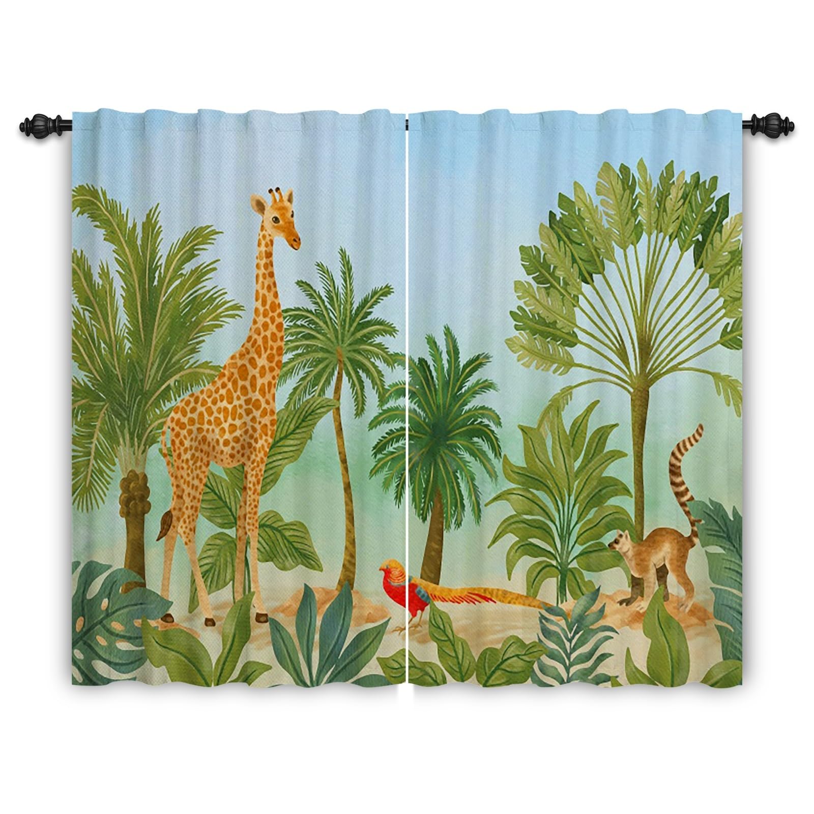 ggaimwf Safari Curtains for Nursery Jungle Giraffe Bird Palm Trees Zoo Colorful Animal Print Window Curtain Rod Pocket Family Kids Bedroom Interior Dividing Curtain 117x183cm 2 Panels