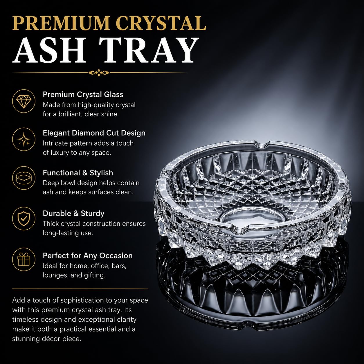 KABIR WORLD Premium Crystal Glass Ashtray | Diamond Cut Decorative Ash Holder 3