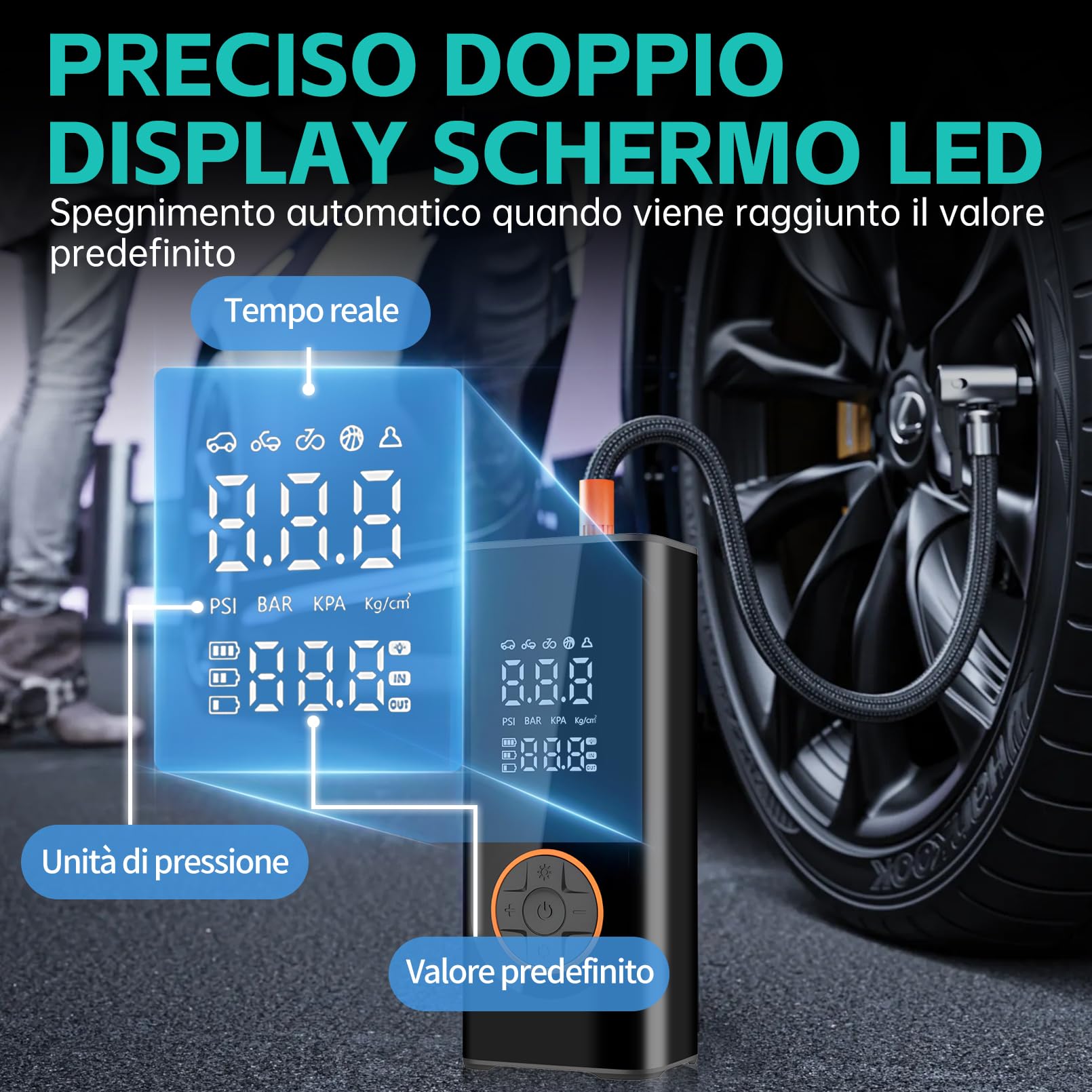 Mini compressore aria portatile Gonfiatore per pneumatici senza fili pompa digitale per pneumatici per auto elettrica DC 12V 150PSI di veicoli/bici/gonfiabili con preimpostato funzione