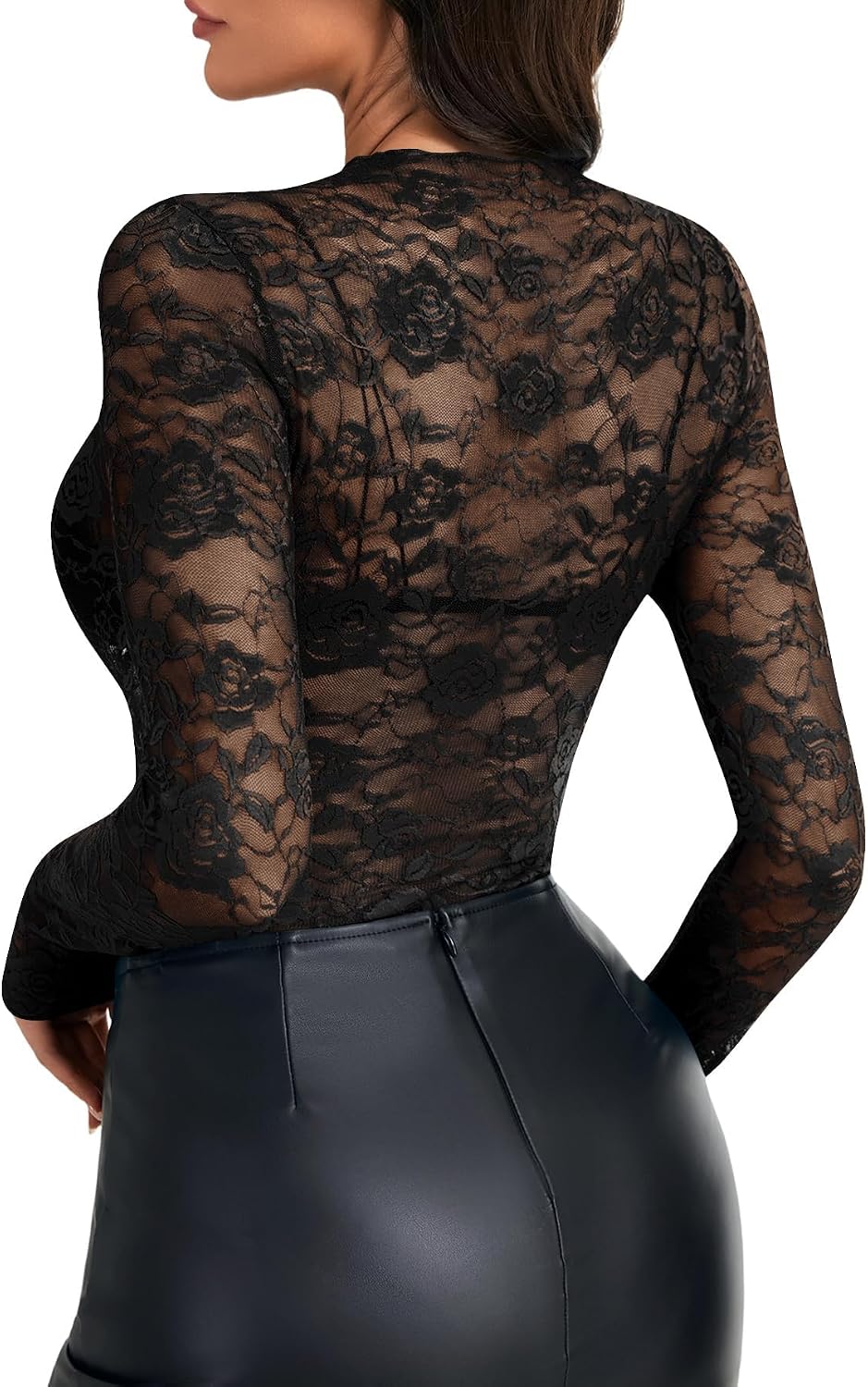 Rooscier Women's Floral Lace Sheer Long Sleeve Mock Neck Sexy Bodysuits Top without Bra and Thong