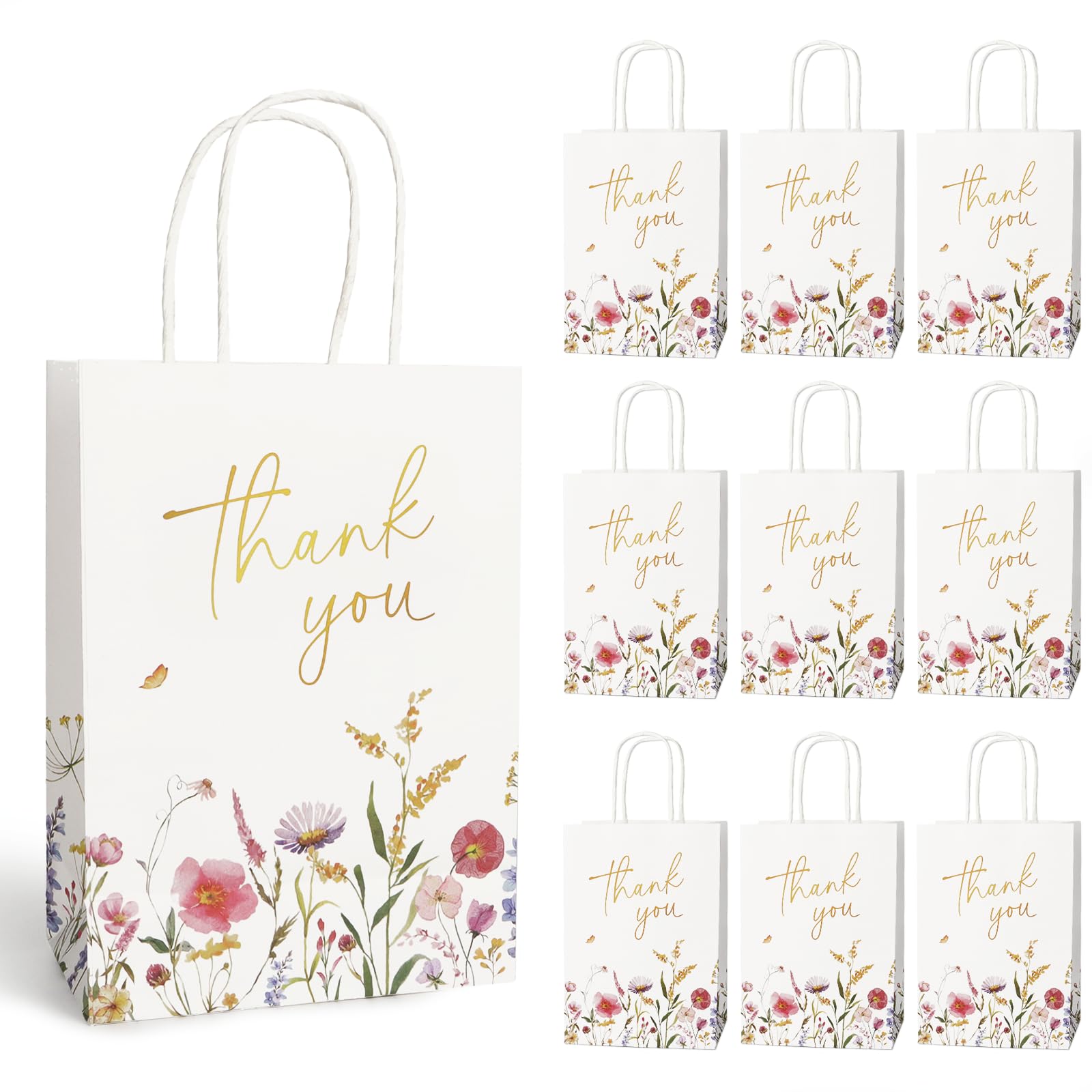 10 Pack Thank You Gift Bags Small Floral Paper Party Favour Bags for Wedding Guests, Bridesmaids, Baby Shower, Teachers