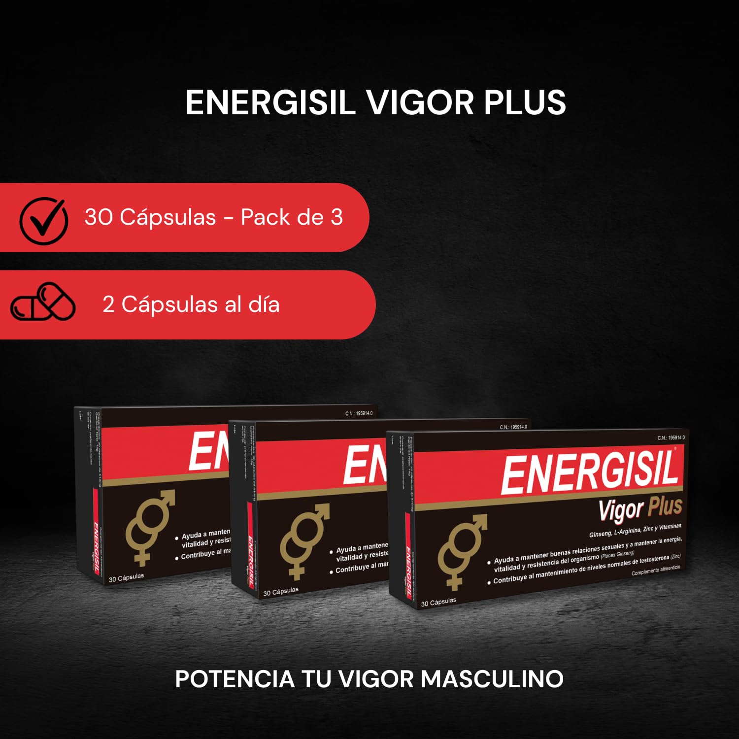 Energisil Vigor Plus 30 Cápsulas - Pack de 3 Unidades - Tratamiento para 1 Mes y Medio - con Ginseng, L-Arginina, Vitaminas y Zinc – Ayuda a Mantener la Vitalidad y al Rendimiento Sexual Masculino