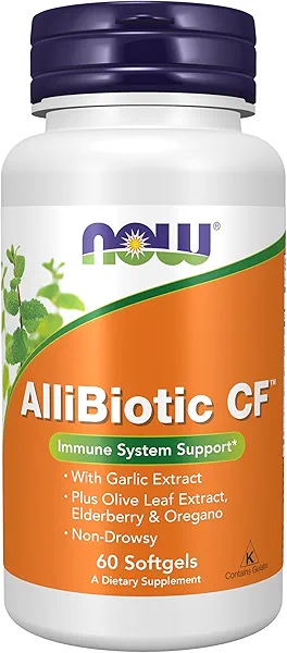 NOW Supplements, AlliBiotic CF™, with Garlic Extract, Olive Leaf Extract, Elderberry & Oregano, Non-Drowsy Formula, 60 Softgels