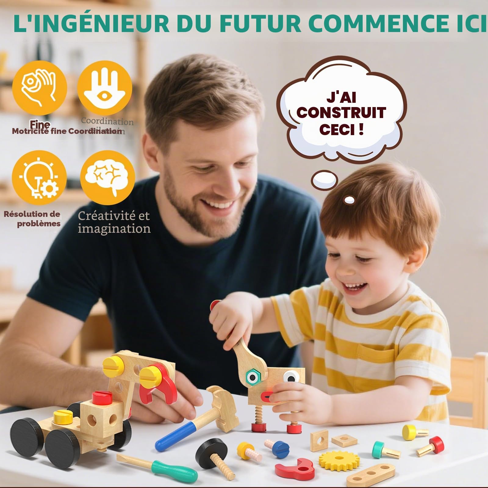 Lehoo Castle Caisse a Outil Enfant Jouet en Bois Jouet 3 4 5 Ans Fille Garcon, 29 Pièces Boite a Outils Établi Enfant, Jeu de Construction Jeux Educatif 3 Ans+