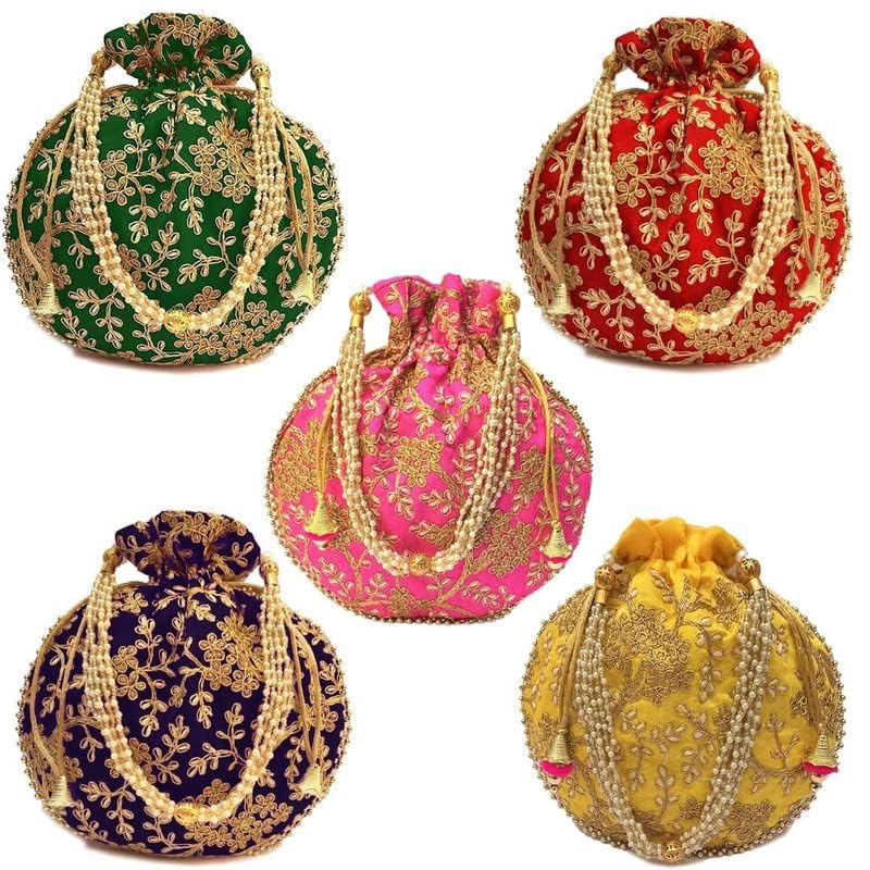 Designer Rajasthani Jaipuri Embroidery Potli Bags For Womens Silk Potli Bag with Zari Work Ethnic Khajoor Wristlets Potli Bags Royal Clutch Silk Batwa Bag Bridal handbag for Women-image-43