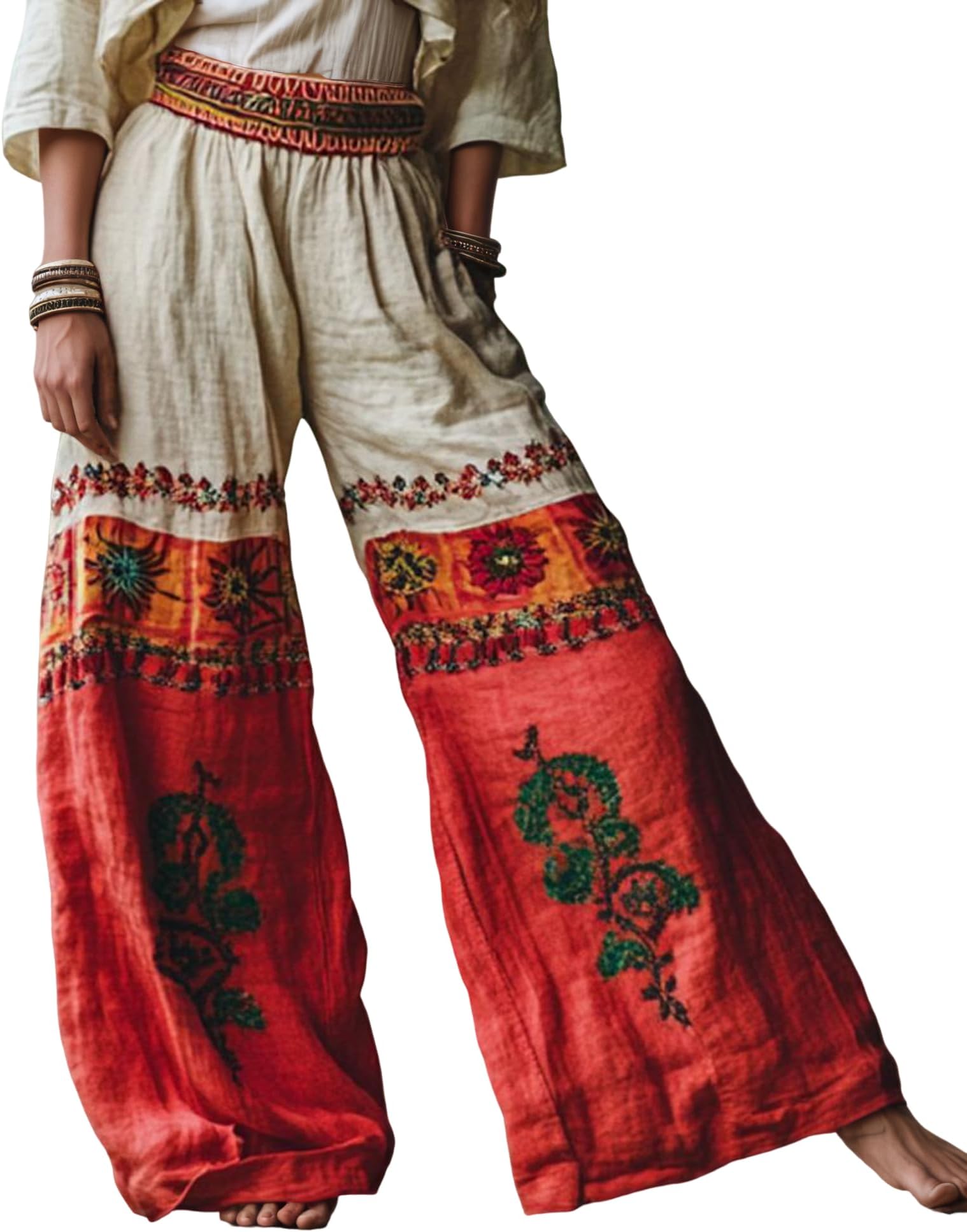 Women's Boho Loose High Waist Linen Vintage Ethnic Trousers Casual Floral Printed Wide Leg Pants with Pockets