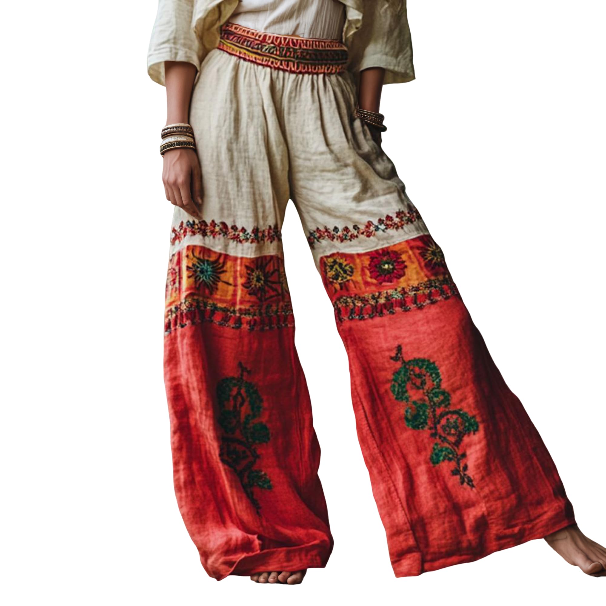 Women's Boho Loose High Waist Linen Vintage Ethnic Trousers Casual Floral Printed Wide Leg Pants with Pockets