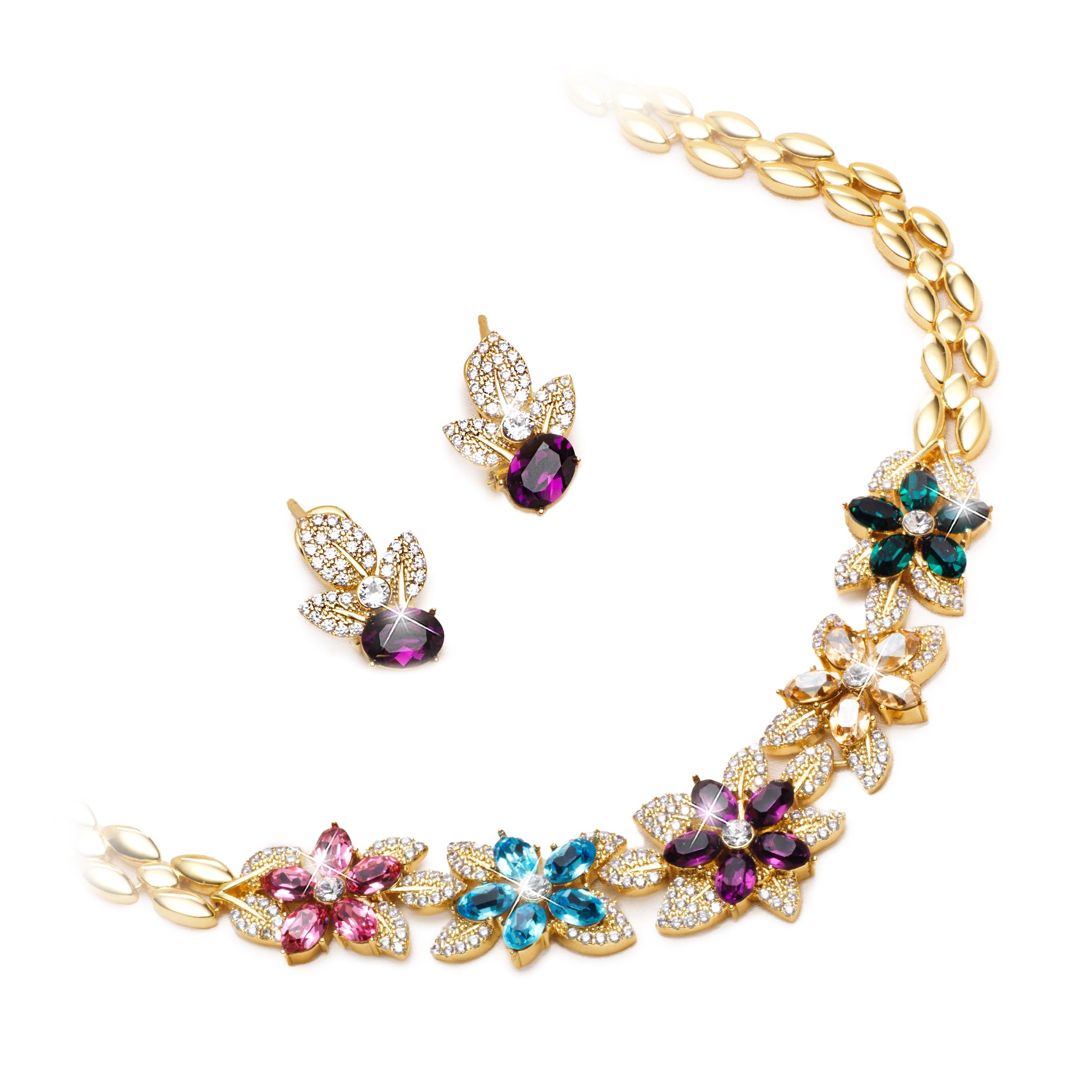Conjunto BOUQUET DES FLEURS Gargantilla y Pendientes bañados en Oro de 1ª Ley 18K con 27 cristales de Swarovski® y más de 260 Circonitas. Ideal para regalo. Con Pañuelo de diseño para ti