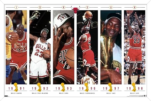 Trends International Michael Jordan - Póster de pared de campeonatos, 34 pulgadas de largo x 22.4 pulgadas, versión enmarcada en blanco