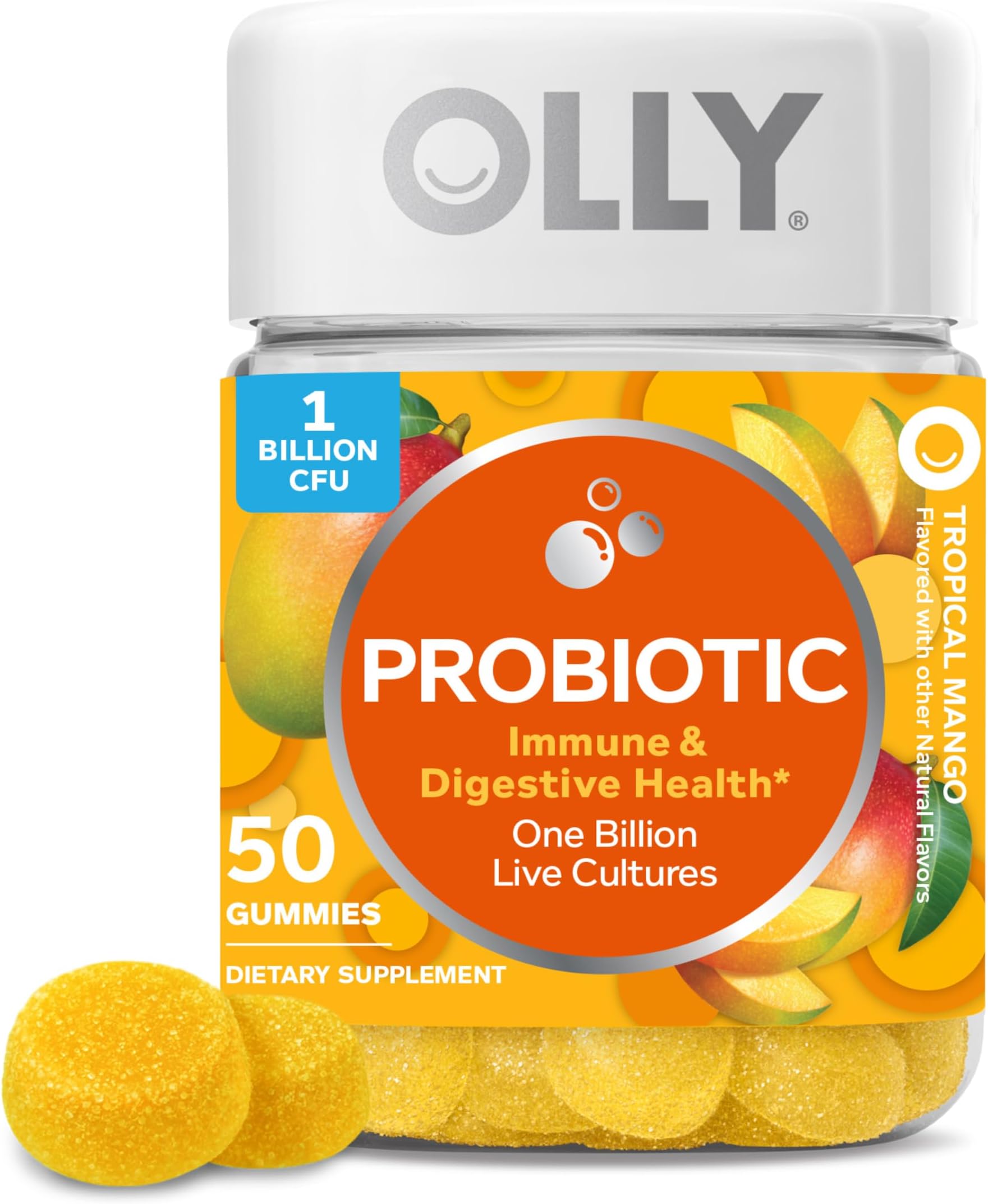 Probiotic Gummy, Immune and Digestive Support, 1 Billion CFUs, Chewable Probiotic Supplement, Mango, 25 Day Supply - 50 Count