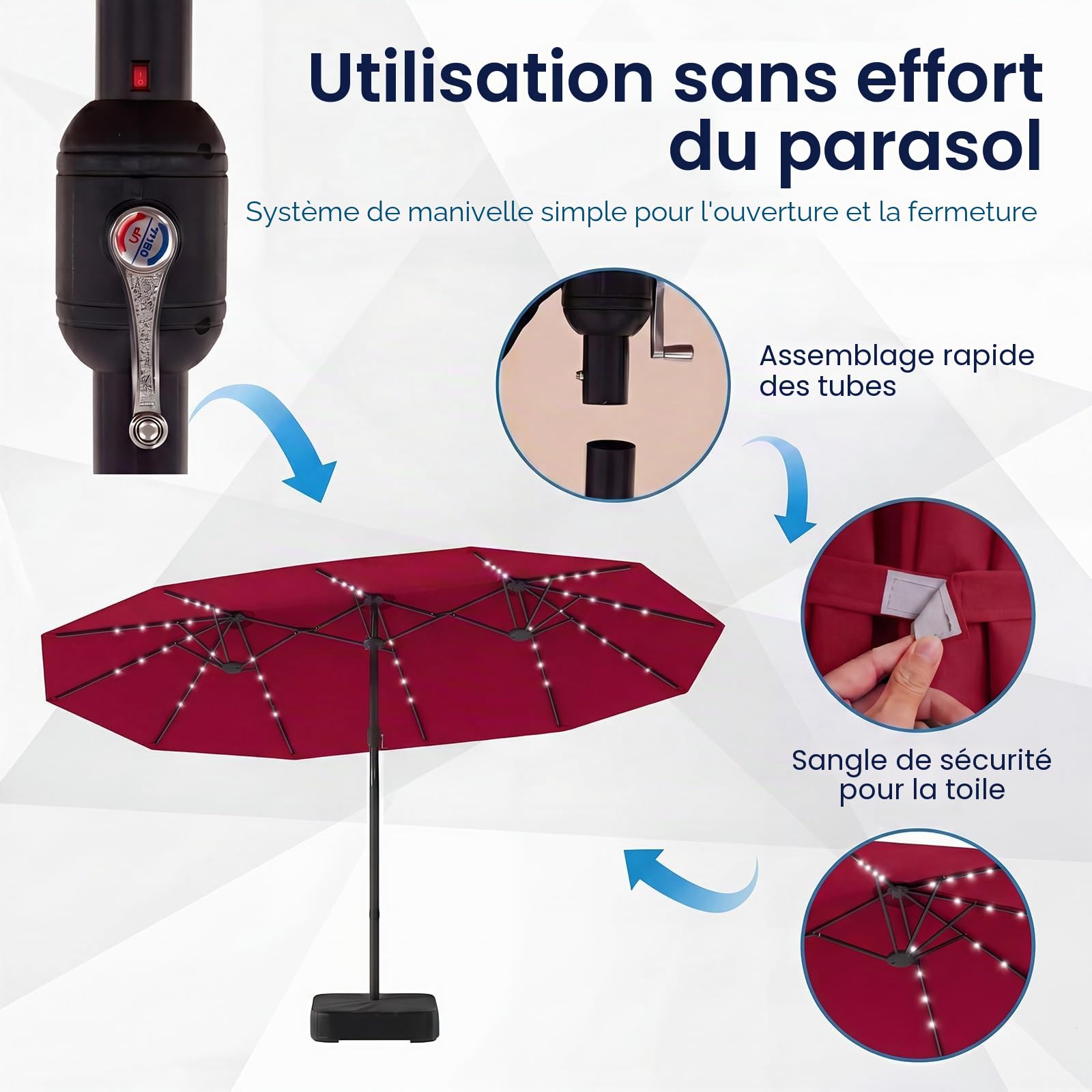 GOPLUS Parasol de Jardin Exterieur avec Pied, 4,6x2,8M Grand Parasol Double avec 48 LED Solaires, Manivelle, 12 Baleines, Protection Solaire, pour Terrasse Marché Patio