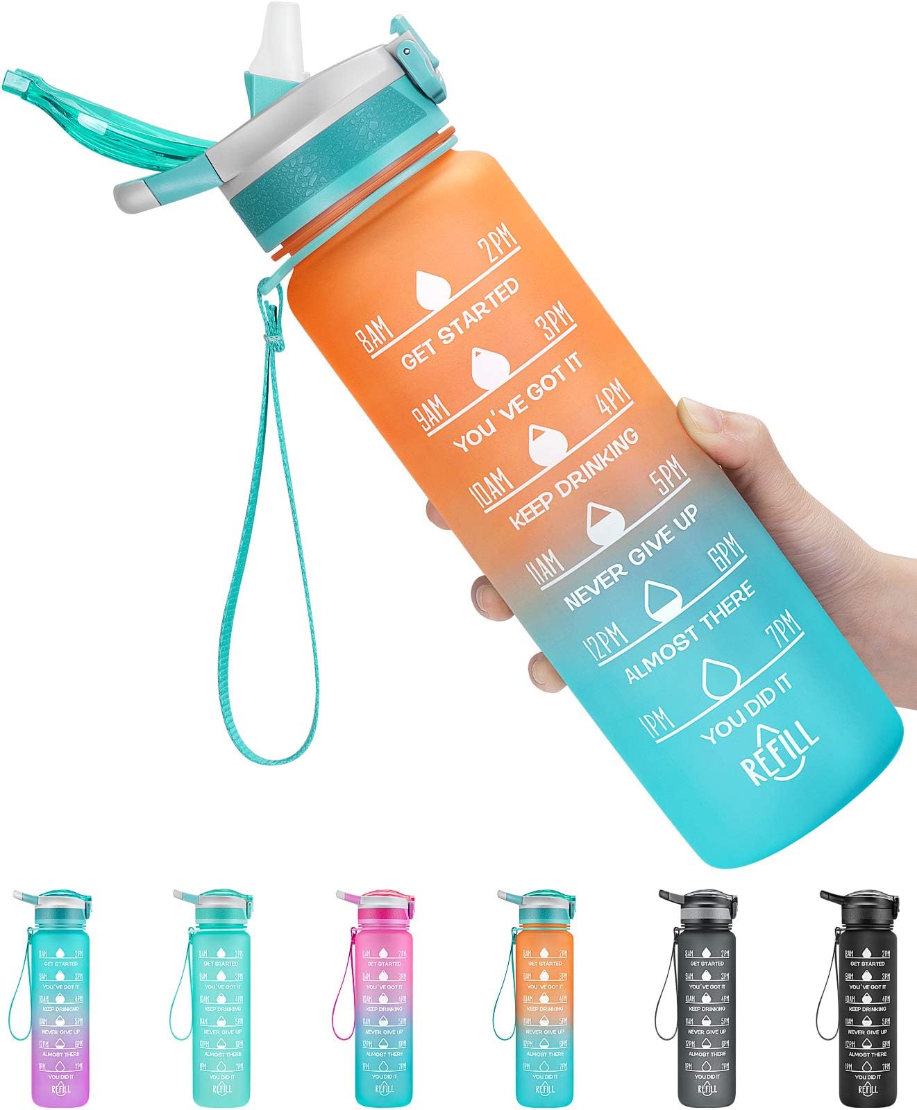 MEITAGIE 1L/750ml Motivational Water Bottle with Time Marker, Leak-proof BPA Free Drink Bottle with Fruit Strainer or straw, Perfect for Fitness, Gym and Outdoor Sports