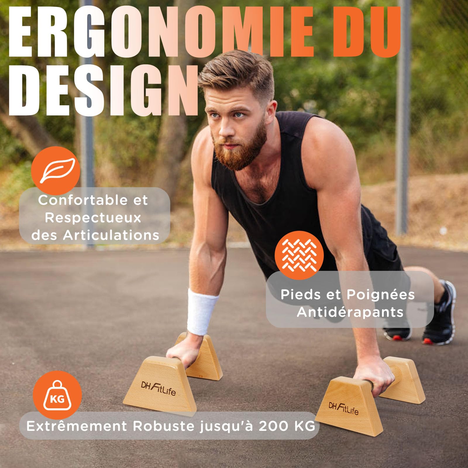 DH FitLife Poignées de Pompes en Bois - 2x Poignées Antidérapantes et Respectueuses des Articulations pour Pompes | Parallettes | Barre parallele| Équipement de Calisthénics pour Entraînement de Force