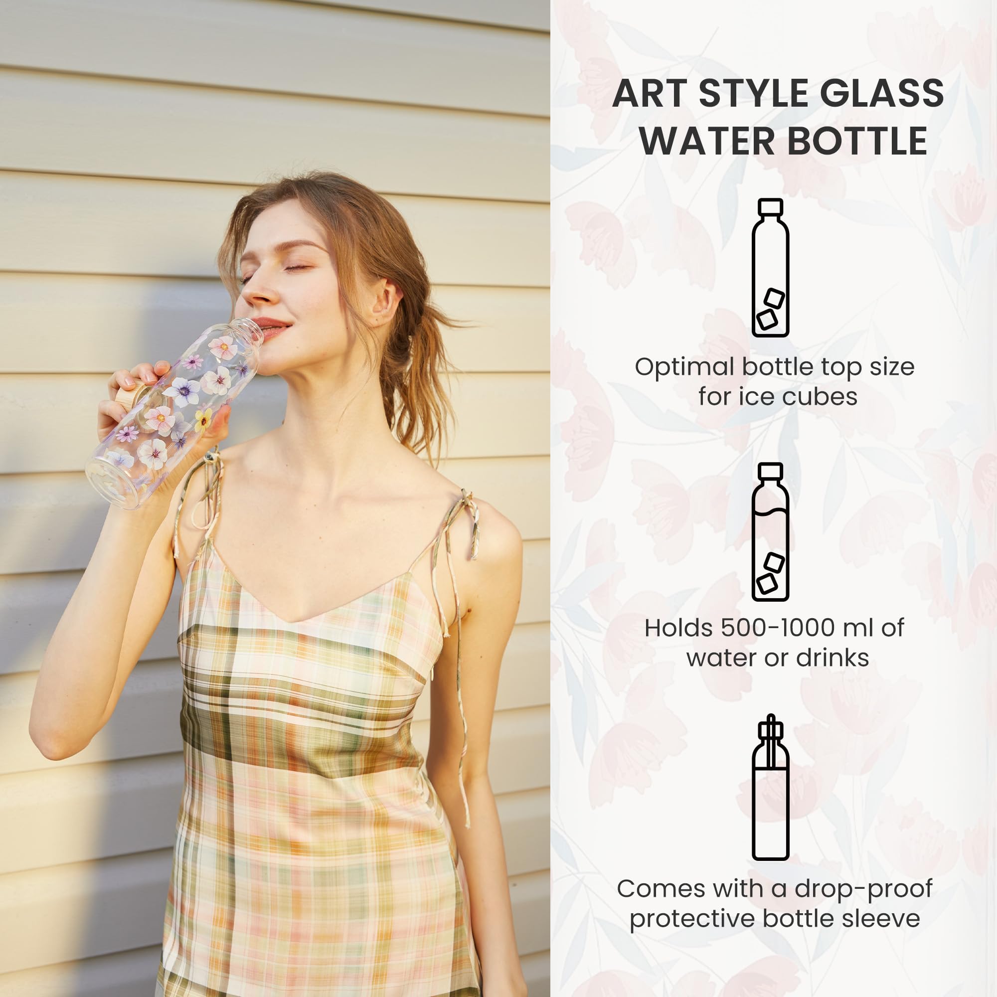 Autsel Glass Water Bottle 1000ml Artistic Glass Drinking Bottle with Lid Leak Proof Borosilicate Water Bottle with Protection Sleeve - Image 2