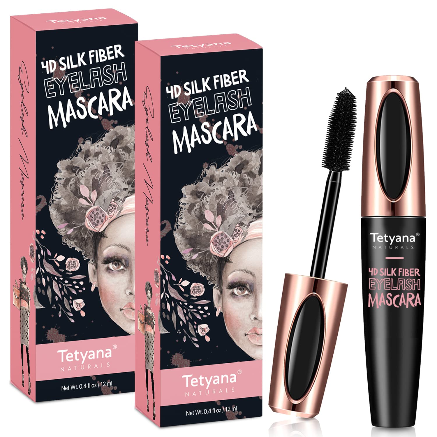 Mascara Black Volume and Length, 4D Silk Fiber Lash Mascara Waterproof, Smudge-proof, Hypoallergenic Formula for Your Longer, Thicker, Voluminous Eyelashes, 2 Pack
