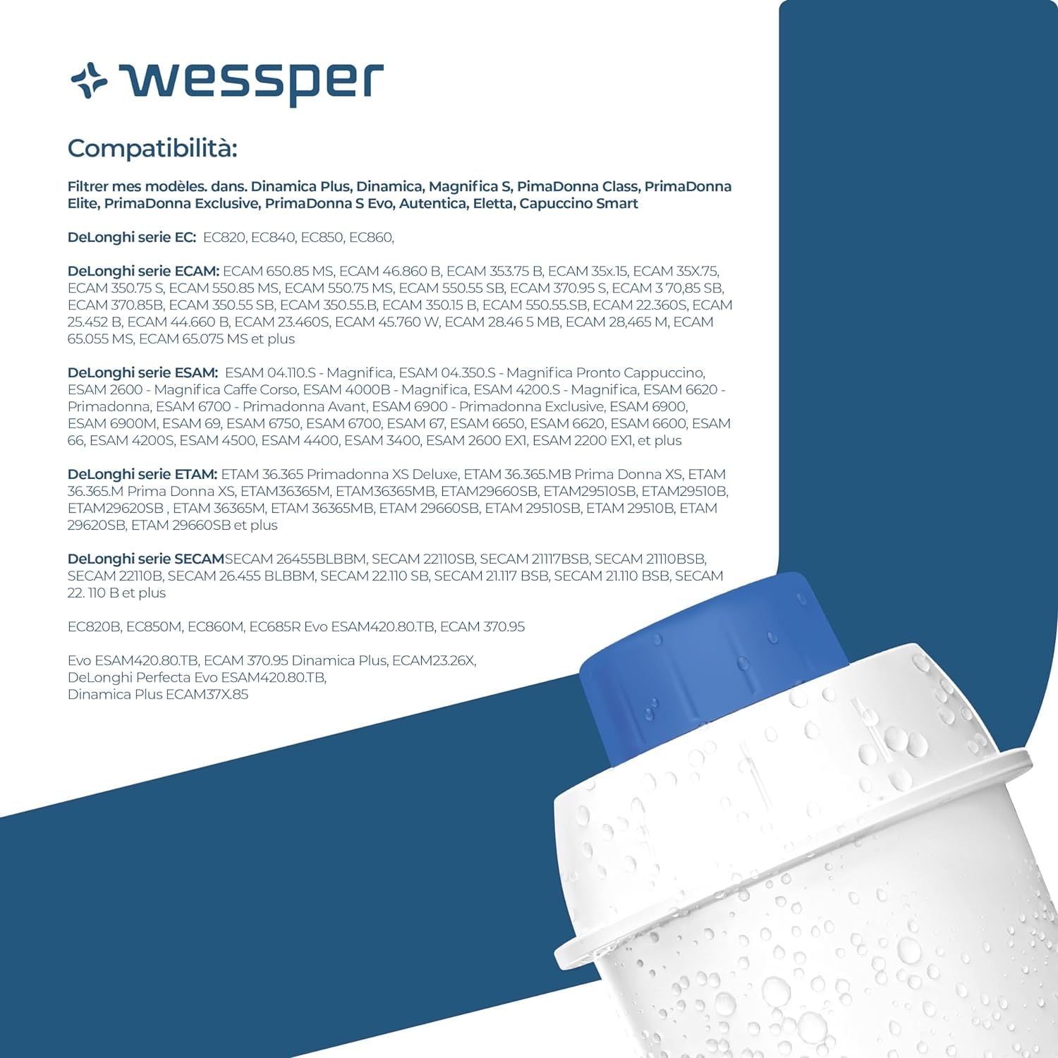 Wessper Filtro Agua para Cafetera Automatica, Filtro Cafetera Delonghi DLSC002, SER3017, ECAM, ESAM, ETAM, SECAM, Serie S, Filtro Carbon Activado para Cafetera - 6 Unitades