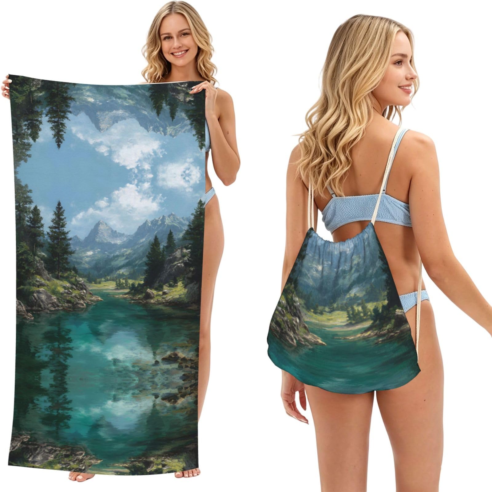 ESNAIUVCD Tranquil Lake Print Beach Towel For Adults,Towel With Drawstring Bag, Travel Pool Swimming Sports Shower Sand Free Quick Dry Bath Towel For Pool, Beach, Yoga- 180x60cm