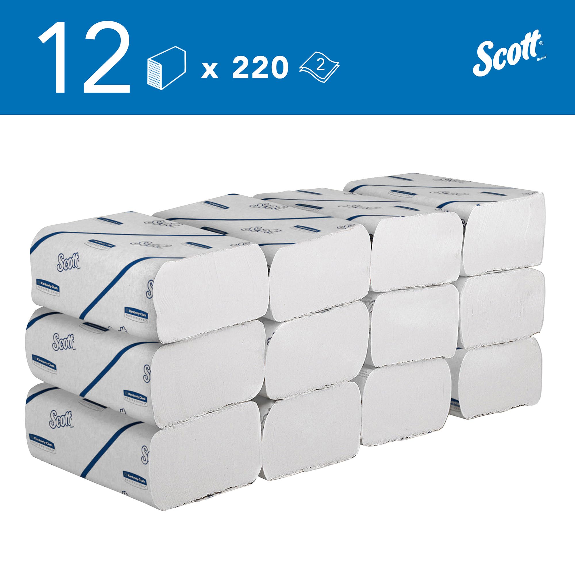 Scott Essential Essuie-mains Pliés en V, Papier Blanc, Doux, Résistants, Haute Absorption, Écoresponsables, 12 Clips x 220 Feuilles (2.640 Feuilles au Total), article 6636