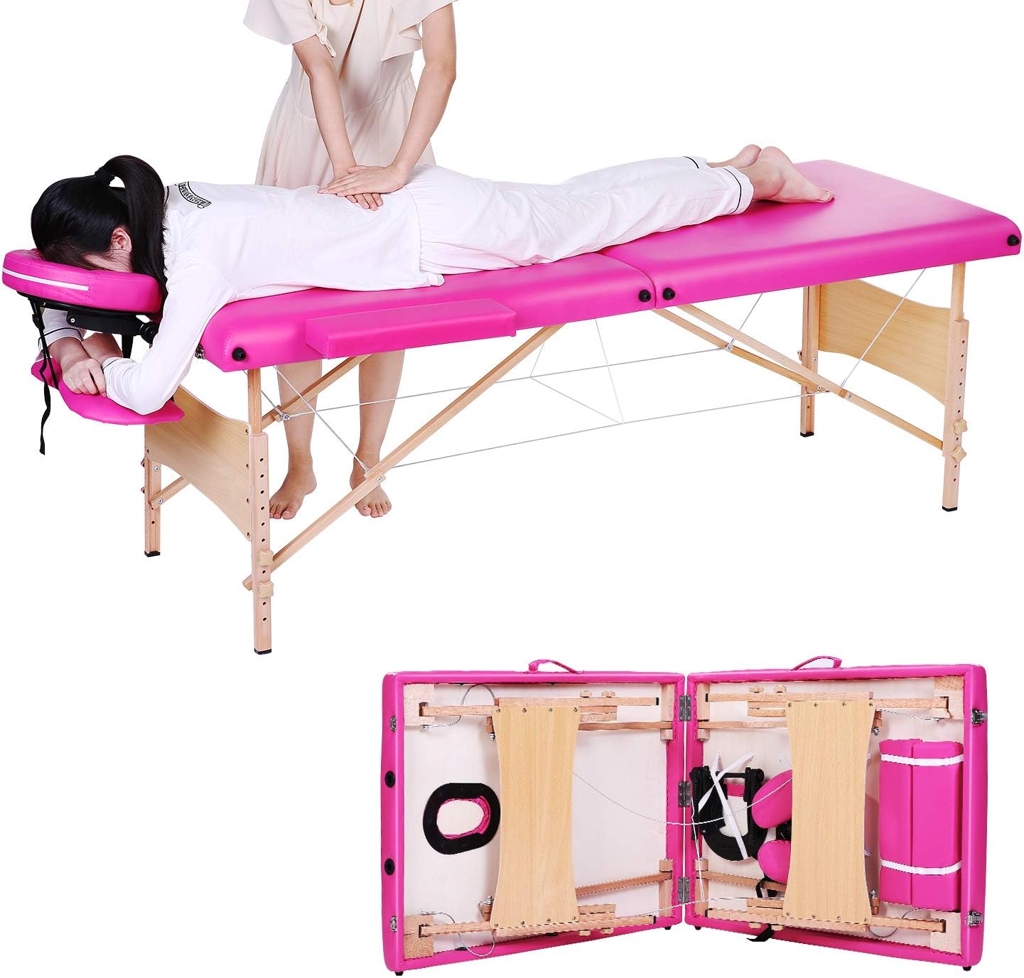WAX BEAR Massage Table Bed Professional Portable Facial SPA Bed Heigh Adjustable with Carrying Bag 2 Fold, Pink. (Pink)