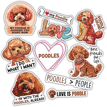 10pcs Red Toy Poodle Sticker Sheet, Funny and Cute Vinyl Decals for Dog Lovers, Poodle Owners, and Groomers, Waterproof, UV-Resistant, for Laptop, Water Bottle, Journal, Notebook, Mirror, Phone Case