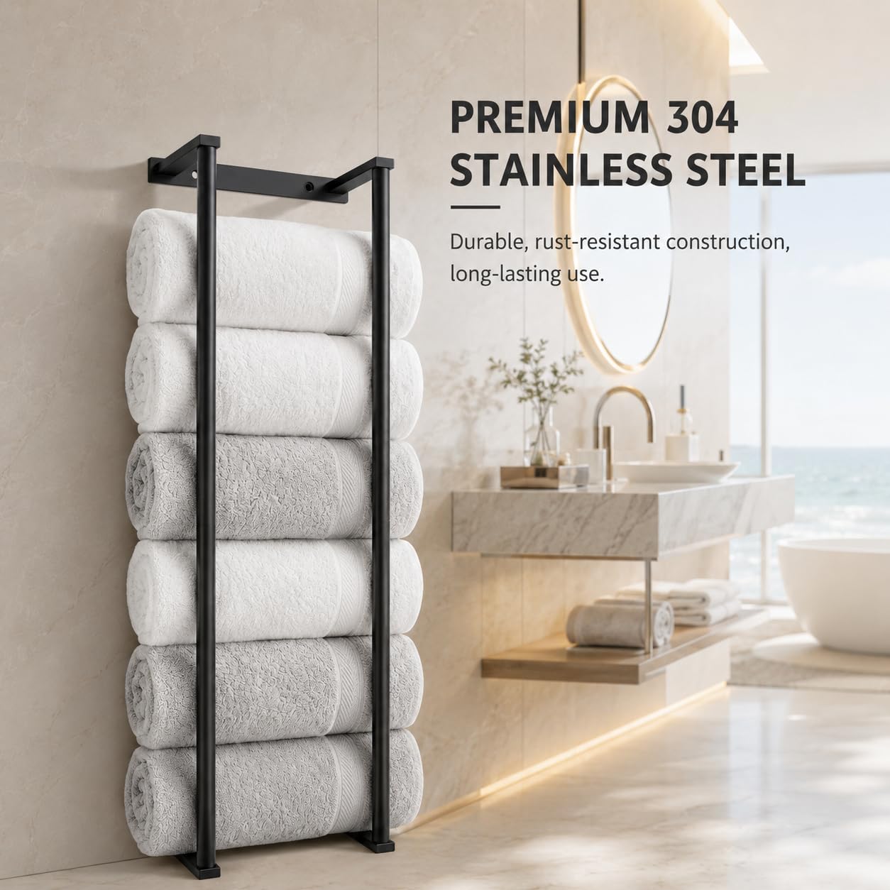 Toallero de baño de acero inoxidable de 28 pulgadas para baño, organizadores montados en la pared y estantes de almacenamiento para baño, color negro