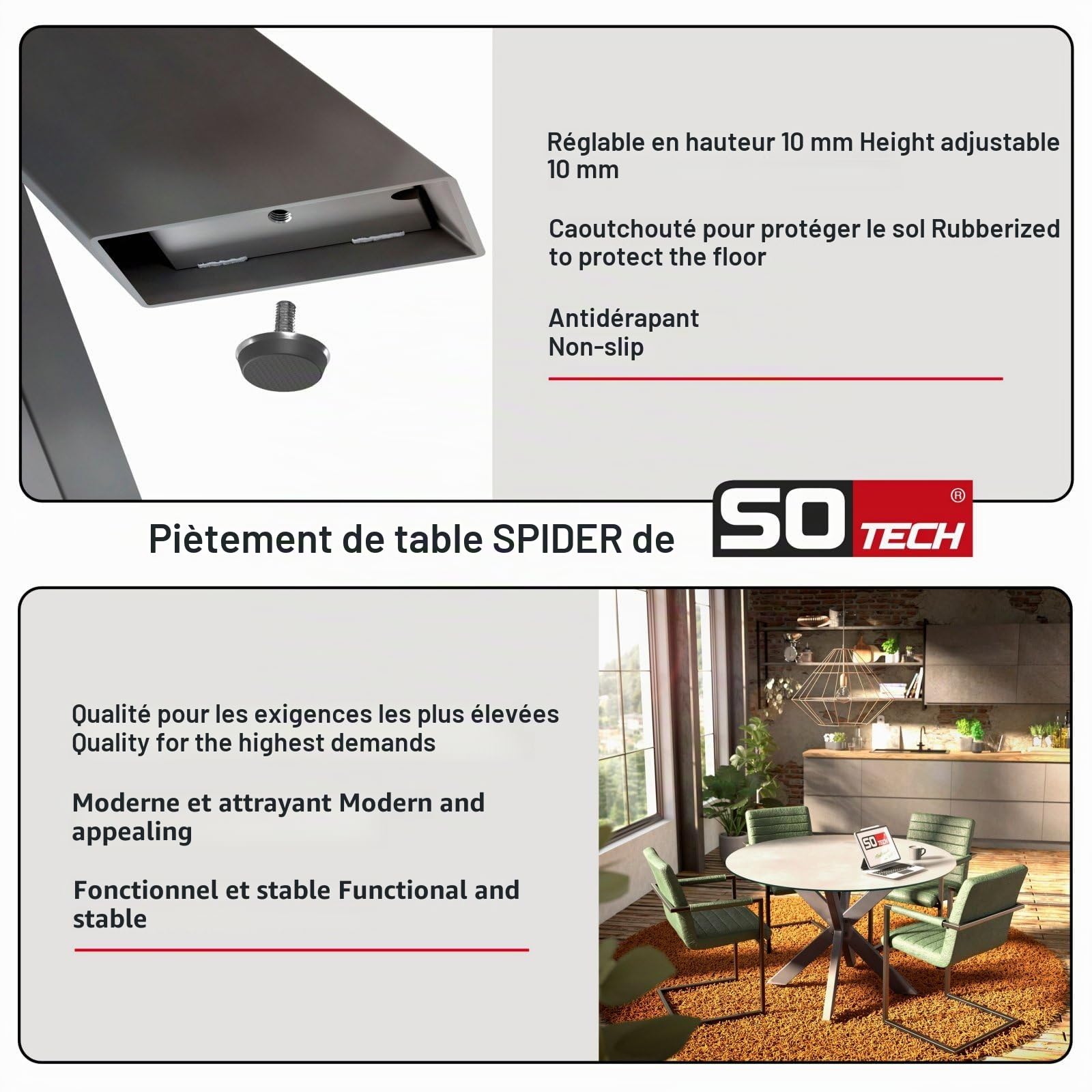 SOTECH Châssis de Table Spider/Pieds de Table en Acier Lourd à l'aspect Vintage/Montage Facile/Patins de Table pour Les projets de Bricolage Tables à Manger 710 x 850 x 850 mm