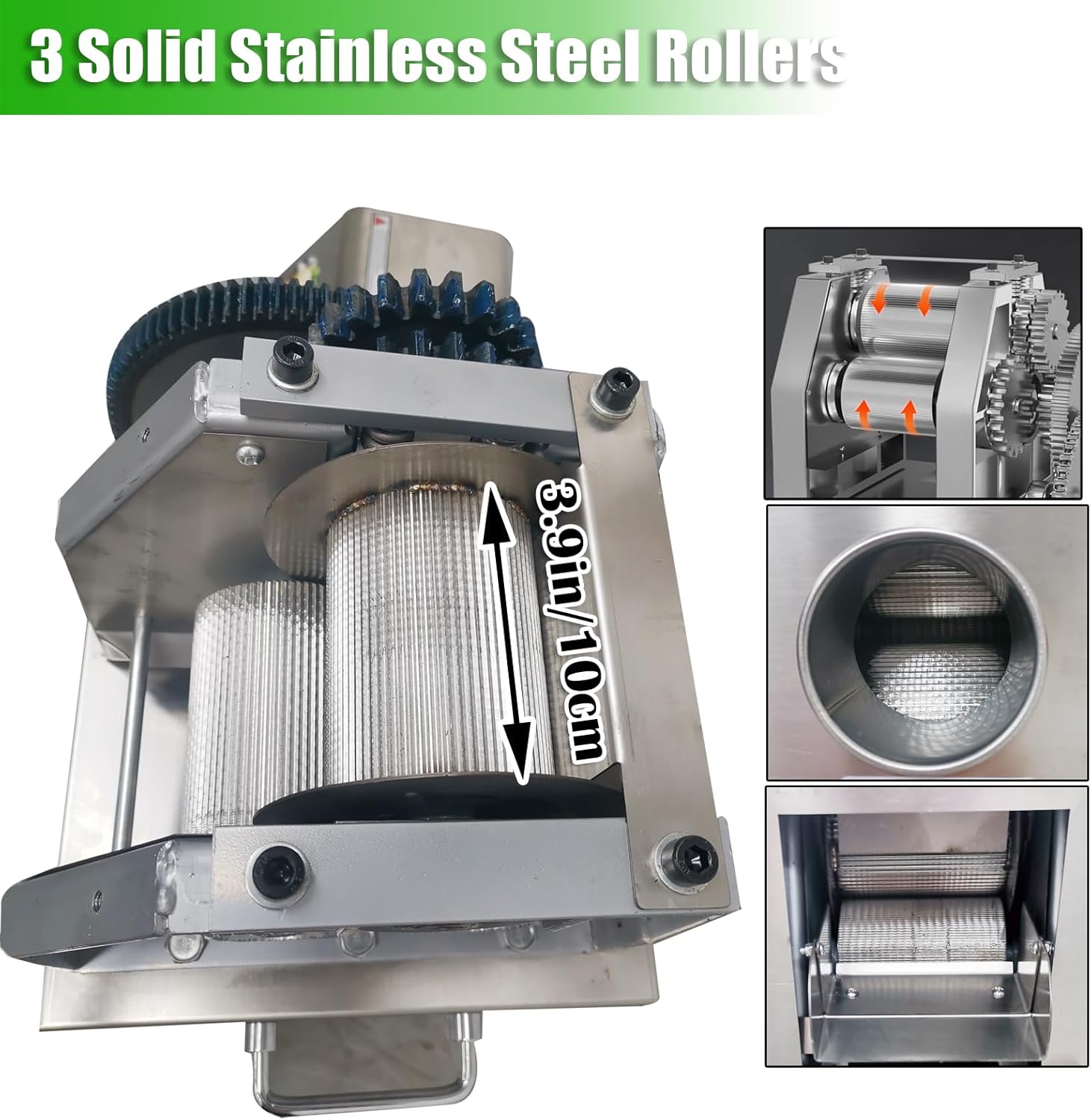 Commercial Sugarcane Juicer Machine 3-Roller Stainless Steel Sugar Cane Press Extractor 110V AC & 24V DC Dual Power Vertical Juice Press with Transformer for Sugarcane Juice Shop Home Use