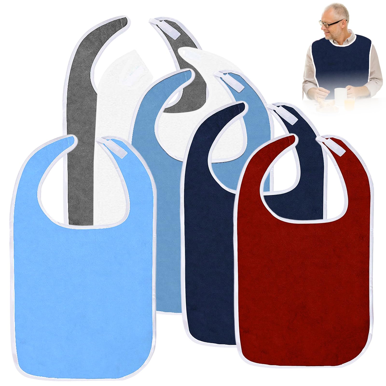 YMTWSRY 6 Piece Adult Bibs, Adult Bib for Eating Washable Feeding Clothing Protectors Reusable Bibs for Adults Elderly Men Women Disabled