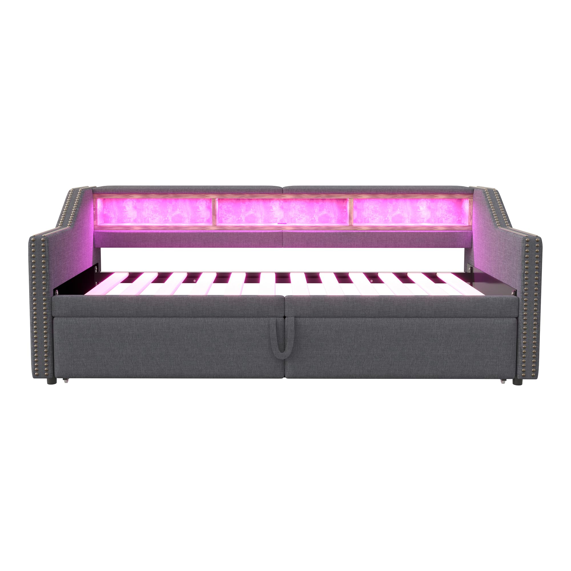 Divano letto imbottito allungabile 90/180 x 200 cm, vano portaoggetti multifunzione, luce LED e presa USB, con rete a doghe, grigio scuro
