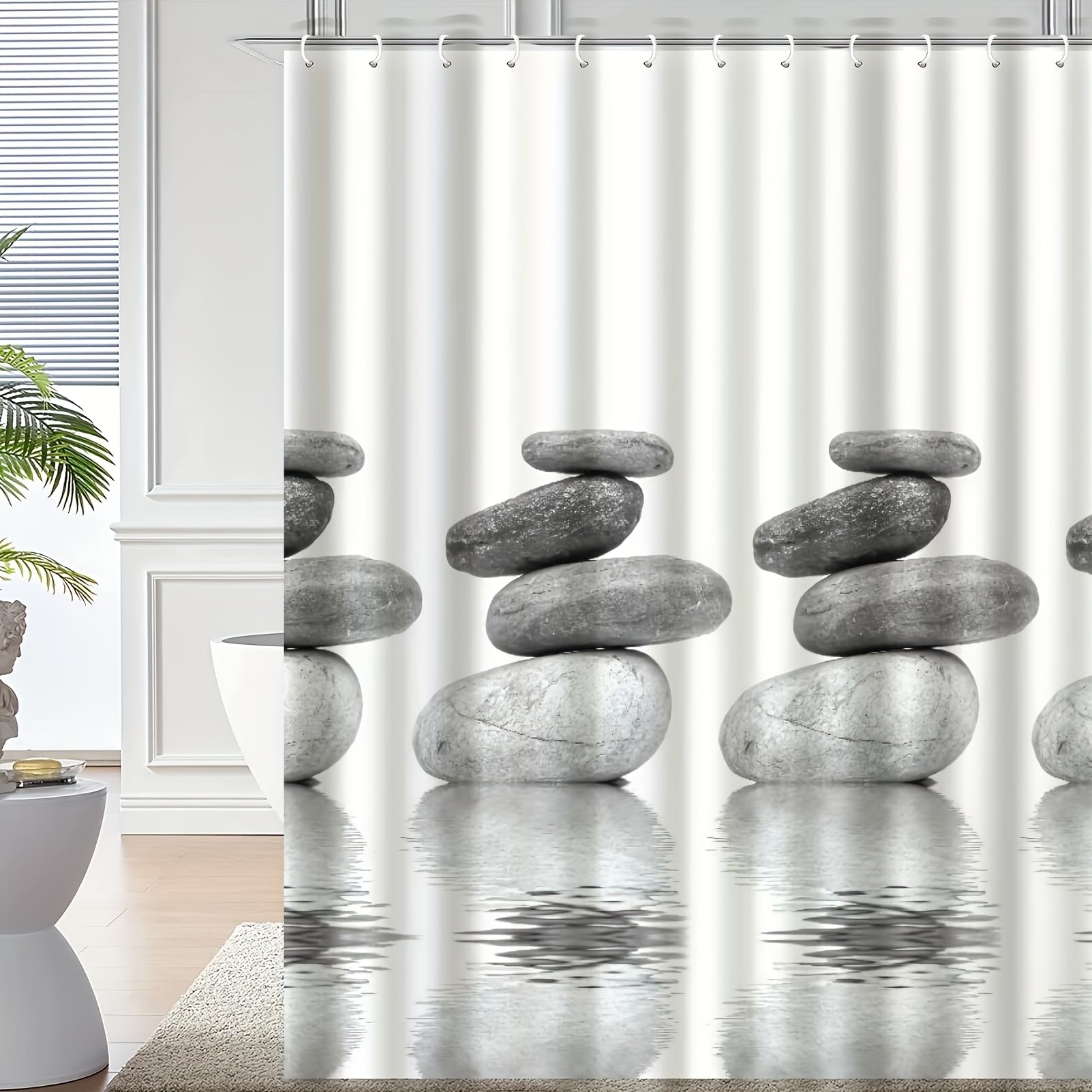 GLKSDLPO 1pc Zen Stone Bamboo Water Splash Reflection Shower Curtain with12 Hooks, Four Seasons Art Theme Bathroom Decor(120x150cm/47x59in(WxH))