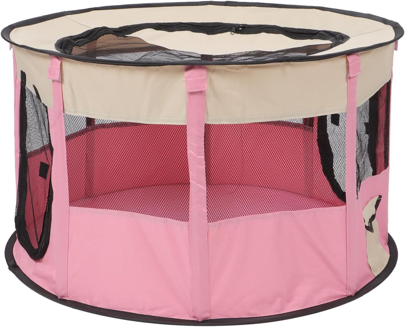 FRCOLOR Foldable Pet Playpen Tent with Enclosed Design, Small Indoor Outdoor Dog and Cat Cage, Portable Pet Pen for Puppies and Kittens, Size S 72x40cm, Beige and Pink