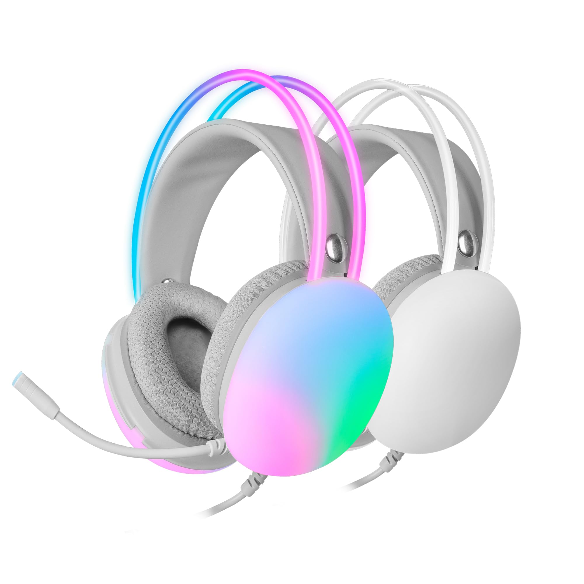 Mars Gaming MH-Glow, Auriculares 360° Full Chroma RGB Flow, Micrófono Cancelación Ruido, Ultraligero, Mempory-Foam, Windows/PS4/PS5/XBOX Series X|S/One/Mac/Switch/Switch 2/Smartphone/Tablet, Blanco