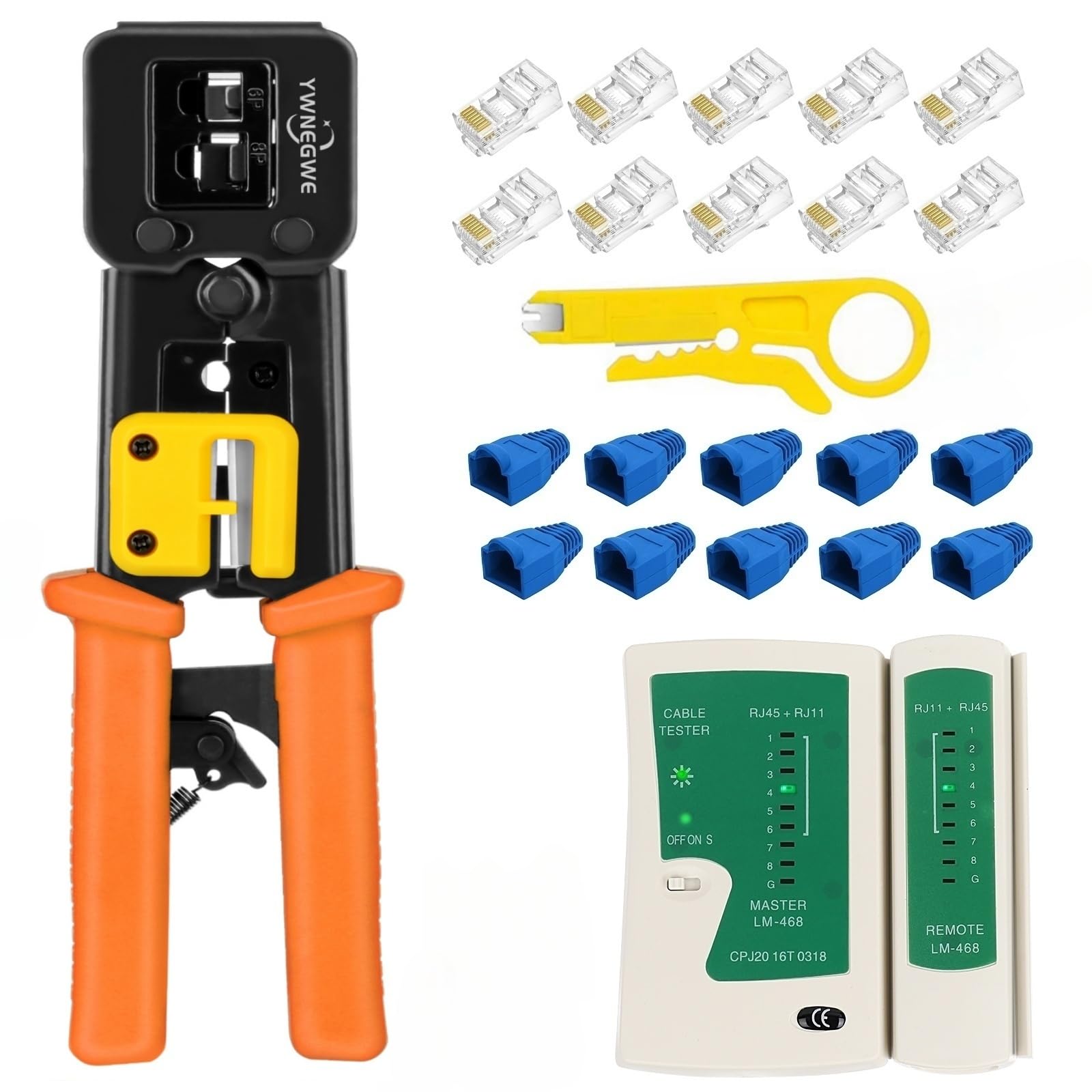 Zestaw zaciskaczy Ethernet RJ45 Cat6 Cat5e narzędzie do zaciskania z 10 złączami przelotowymi RJ45 Cat6, 10 szt. modułowych osłon złączy, 1 mini striptizerka, 5 ostrzy i 1 tester kabli sieciowych