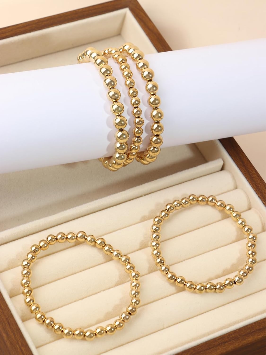 Boho Gold Bracelets for Women Layered Stackable Beaded Bracelet Set Adjustable Dainty Stretch Bracelets Gold Chain Ball Beads Trendy Pearl Bangles Stackable Jewelry Set for Gifts (5PCS B) - Image 2