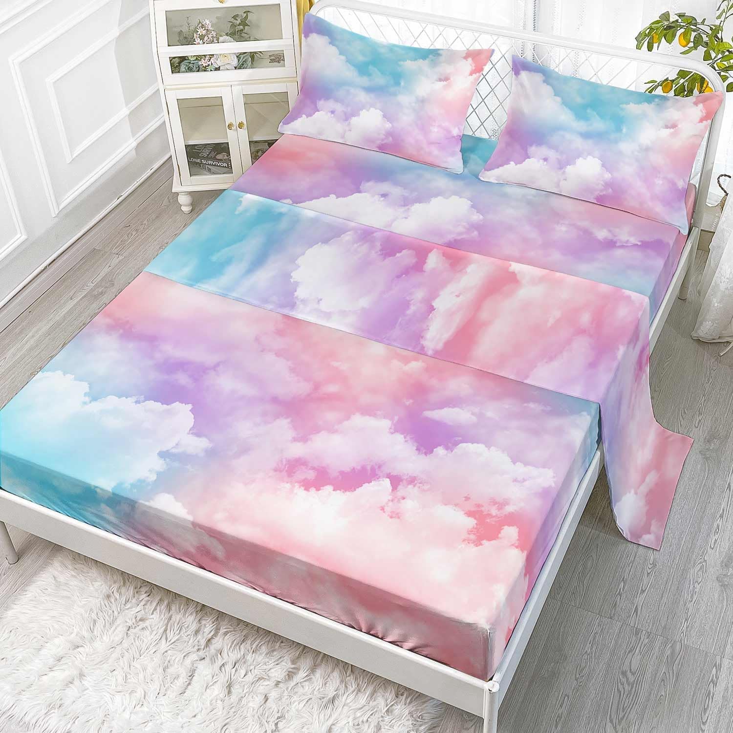 Cloud Queen 4Pcs Kids Bedding Set - Pink Blue Cloud Sky Sheets Set with 1 Flat Sheet, 1 Fitted Sheet & 2 Pillowcases