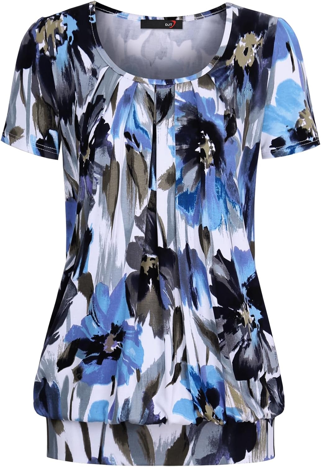 DJT Women's Short Sleeve Summer Tops Scoop Neck Pleated Front Casual Tee T Shirt