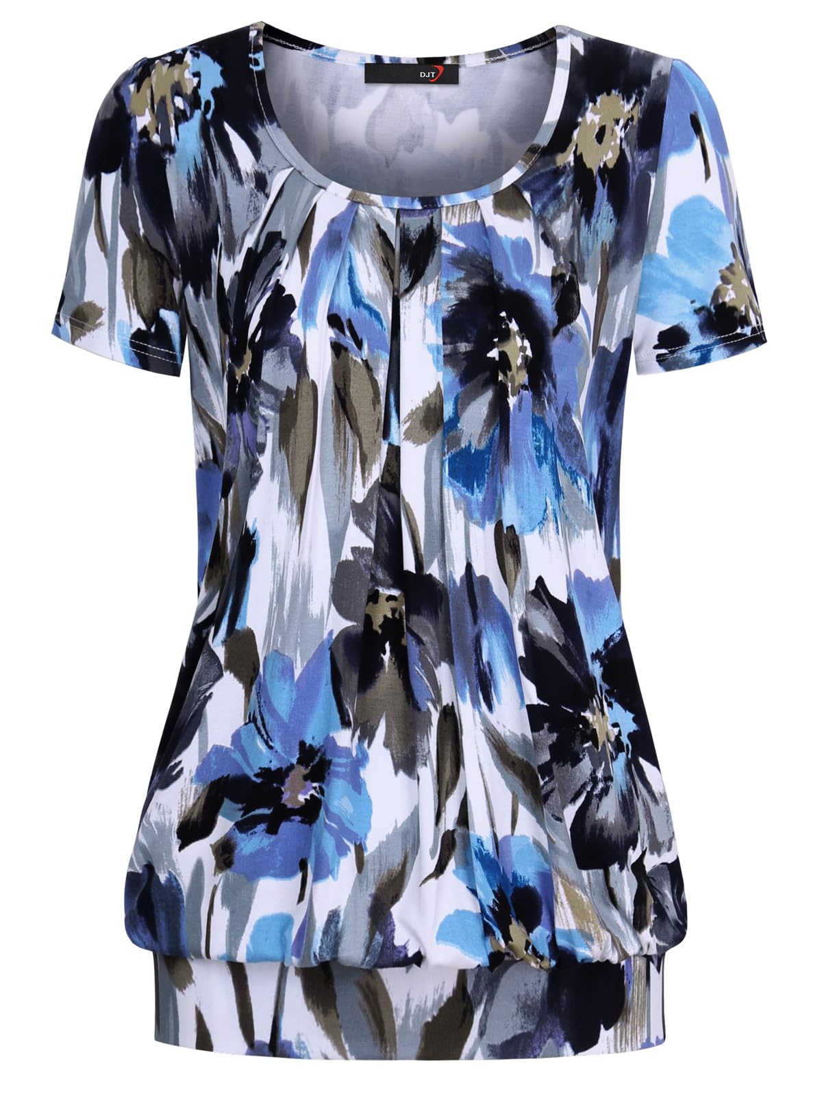 DJT Women's Short Sleeve Summer Tops Scoop Neck Pleated Front Casual Tee T Shirt