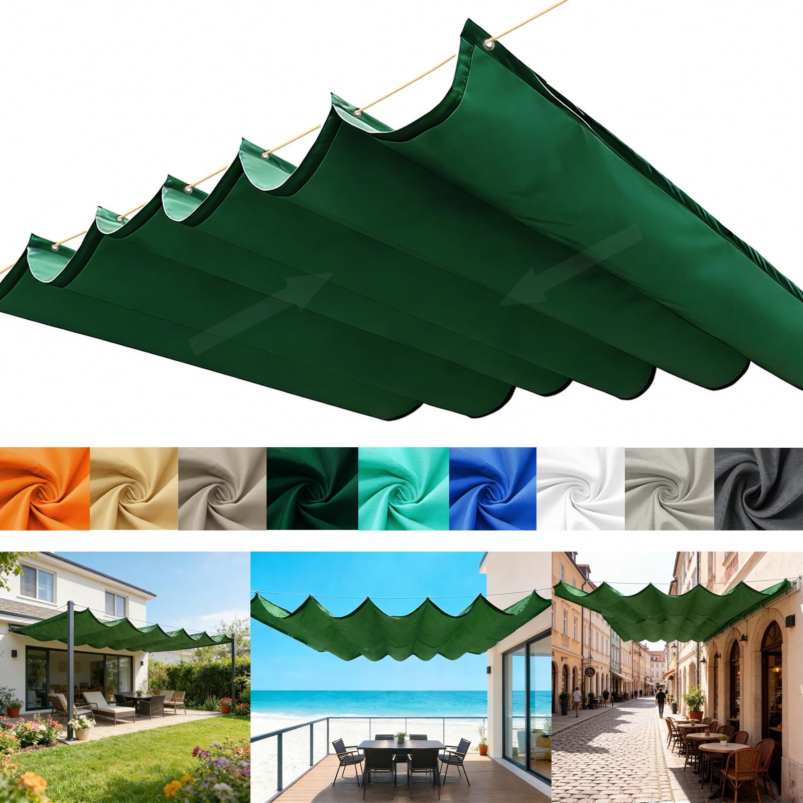 Retractable Wave Sun Shade Sail, Wave Awning Canopy with Eyelets and Rope, Adjustable Shade Cover Sun Protection Waterproof Outdoor Pergola for Outdoor Garden Patio Yard Lawn-Dark green||180x850cm