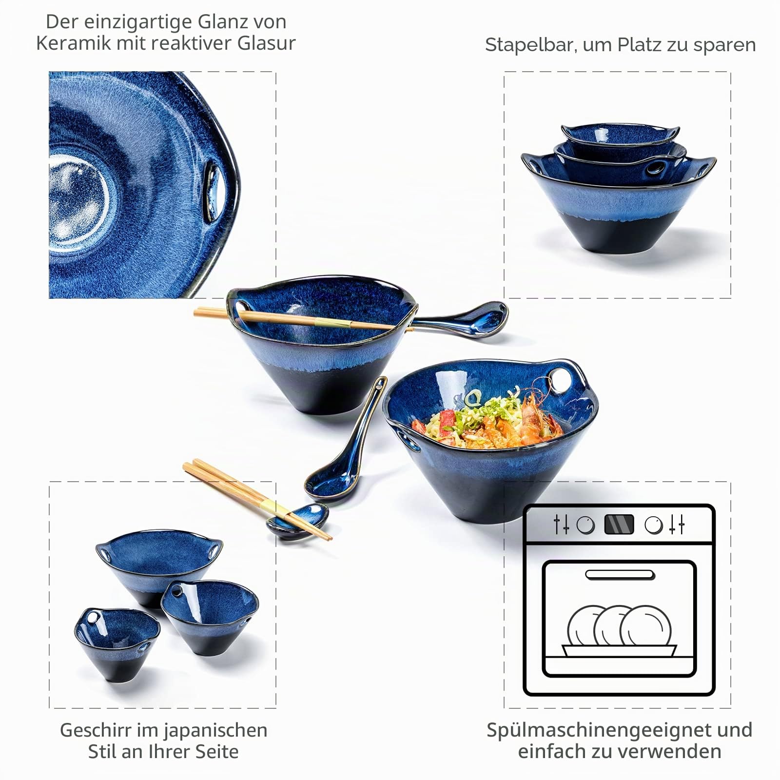 Japanische Ramenschale, Küche Müslischalen für 2 Personen, Ramen Schüssel Set mit Löffel und Essstäbchen für Asiatische Nudeln und Udon, Soba - Blau, 900ml