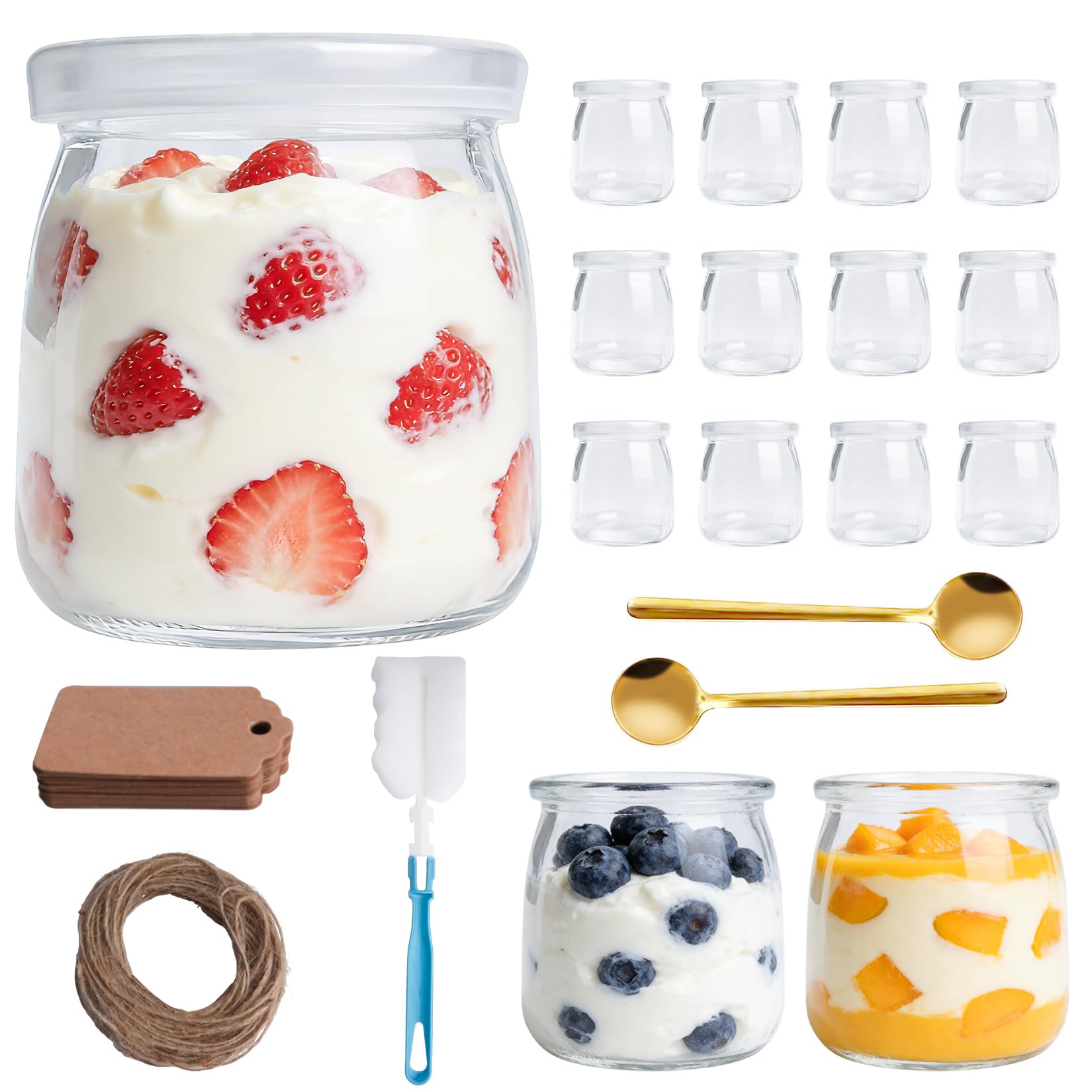 12 Pz Vasetti per Yogurt con Coperchio, 200 ml Barattolo Vetro con Coperchio, Bicchieri da Yogurt Trasparenti, Bicchieri da Dessert in Vetro per dessert, marmellata, muesli, mousse