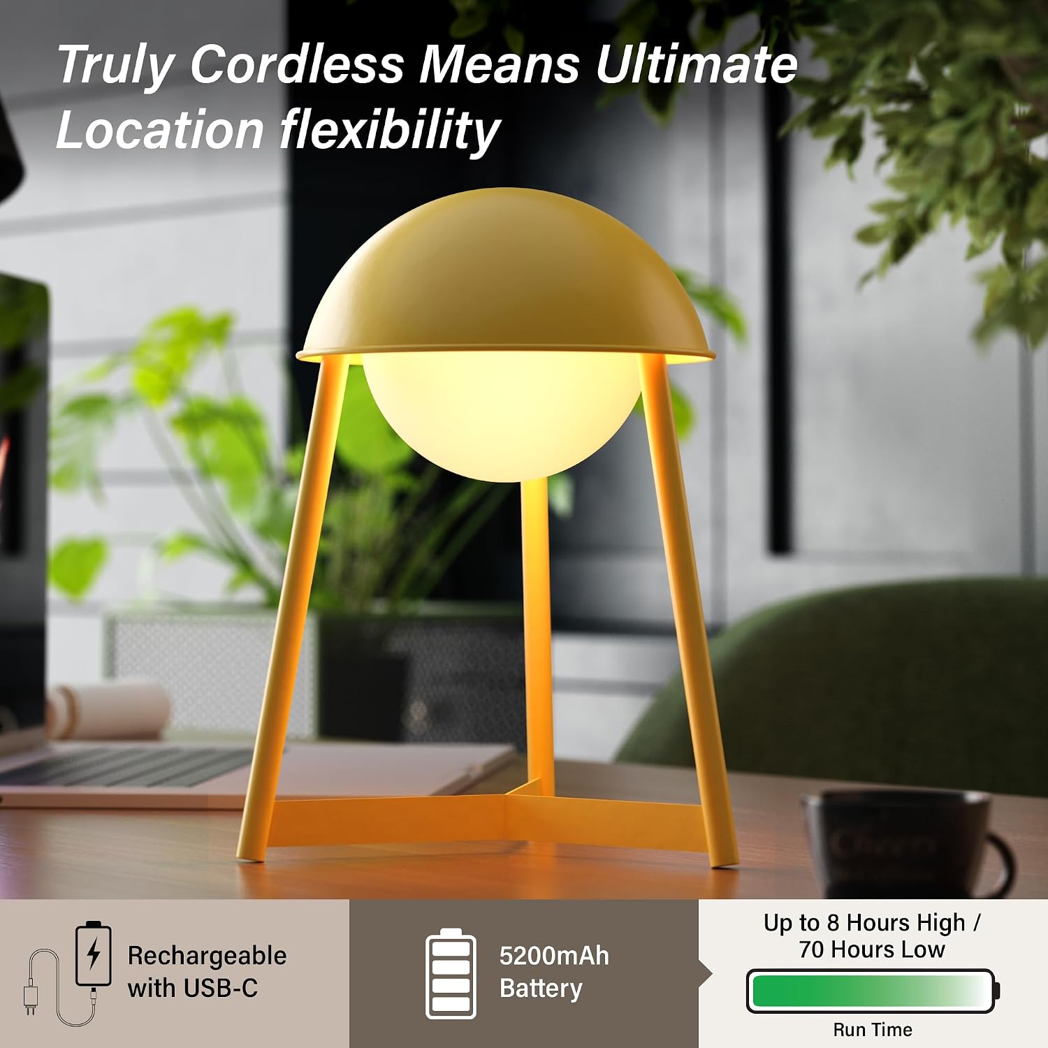 Bulbrite K70103 Kibun Helmet Rechargeable Cordless LED Table Lamp, 3-Levels Brightness Touch Sensor Control, Citrone