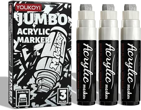 YOUKOYI Jumbo Acrylic Paint Markers 3 Pack, 15mm Wide Tip Permanent Graffiti Markers, 3-IN-1 Nib Waterproof Quick Dry Multi-Surface Art Pens for Canvas Glass Wood Rock Poster Calligraphy Silver