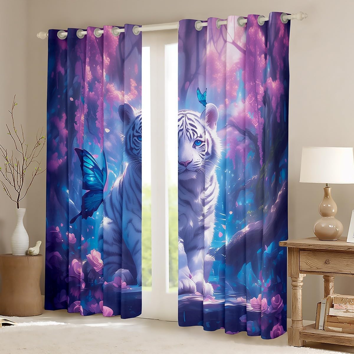 Manfei Wild Tiger Kids Blackout Curtain,Butterfly Roses Flowers Dreamy Window Drapes for Boys Girls,Rustic Animal Hunt Adventure Blue Purple Window Treatments Grommet Top 2 Panel Set,42Wx90L inch