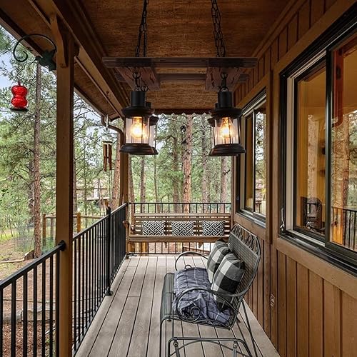 Miniatura 5 de Lámpara colgante retro de madera, lámpara industrial vintage de metal negro, lámpara de suspensión para restaurante, marco cuadrado con pantalla de