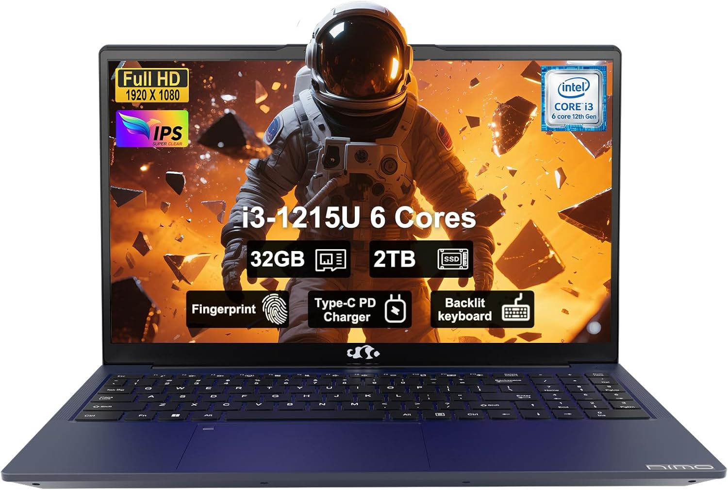 NIMO 15.6" FHD IPS Student-Laptop-Computer - Intel Core i3-1215U(Beat i5-1135G7, 6 Cores Up to 4.4GHz), 32GB RAM 2TB SSD, 65W Type-C, 2 Years Warranty, Fingerprint, Backlit Keyboard, Wi-Fi 6, BT5.2