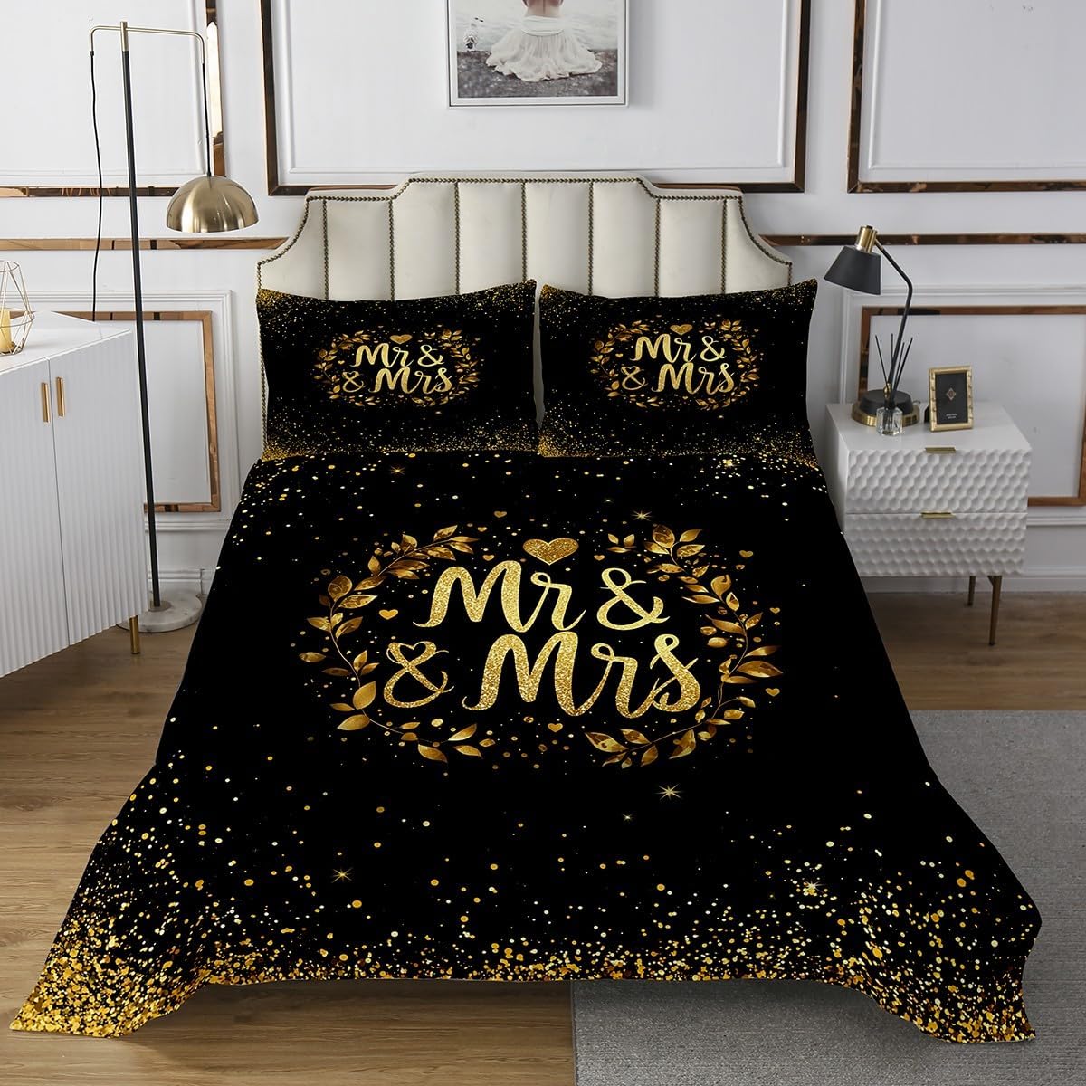 Erosebridal Mr and Mrs Gifts Coverlet Set Black Gold Sequins Quilted King,Glitter Golden Heart Bedspread for Women Adult Man, for Couple,Wedding Gifts for Couple Bedroom Decor