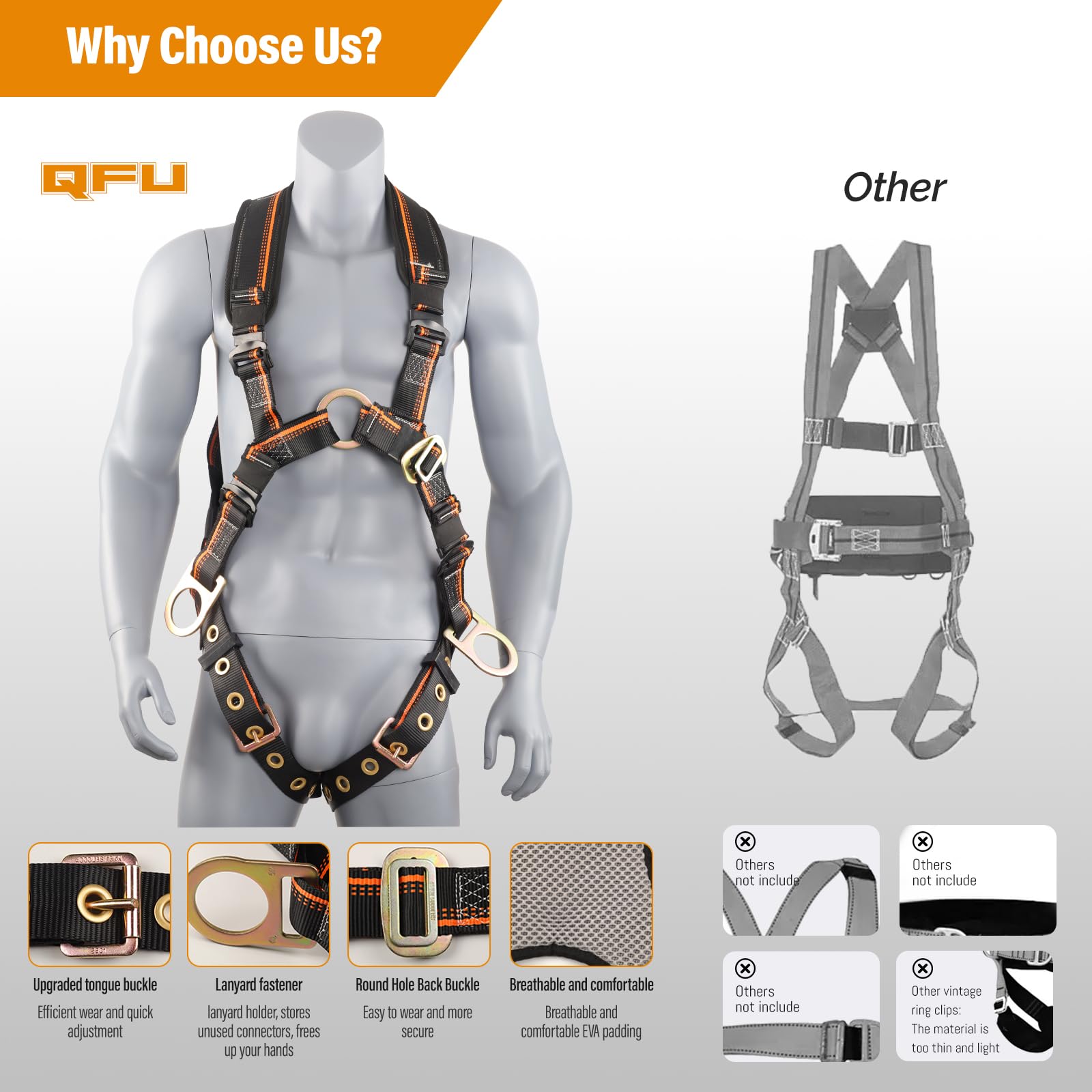 Full Body Safety Harness & Fall Protection Kit with Padded Straps, ANSI Compliant, Includes Shock-Absorbing Lanyard for Roofing, Construction and Industrial Use — Amazon image 6