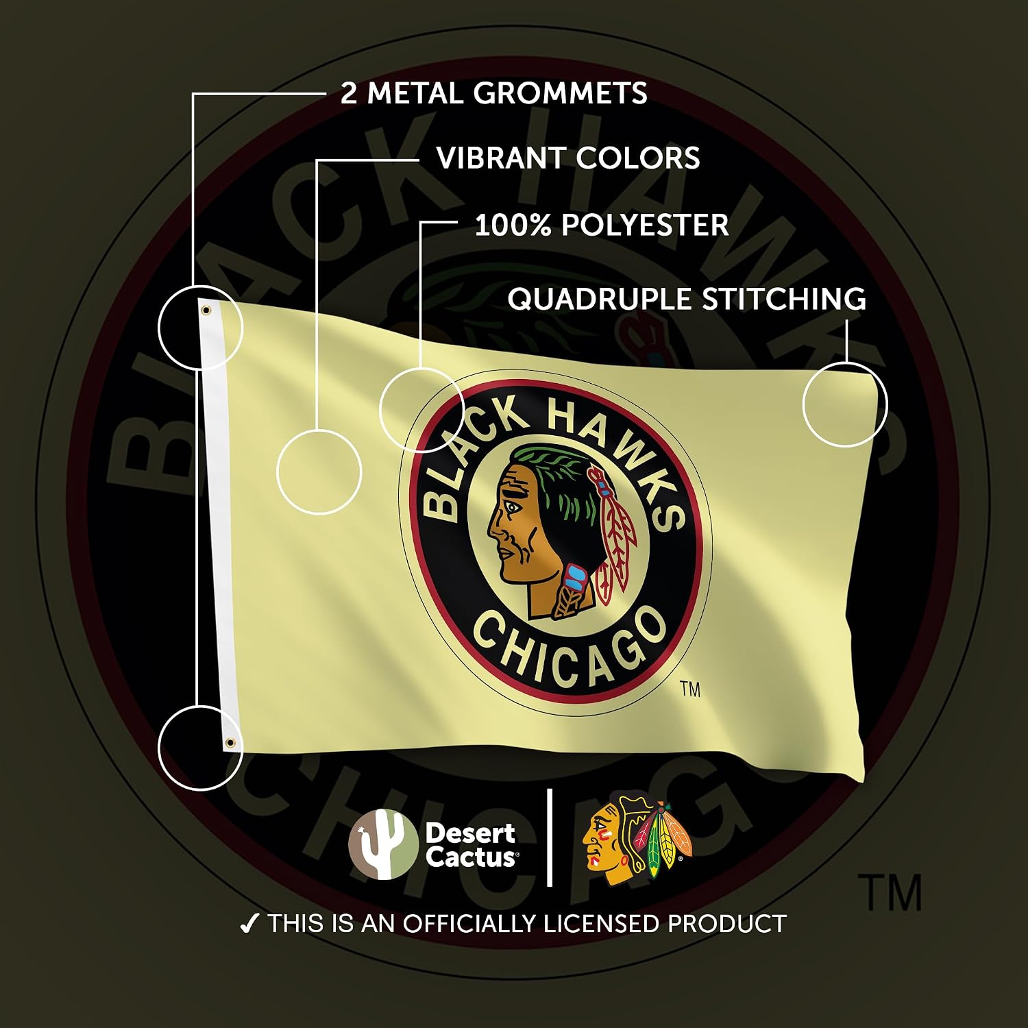 Desert Cactus Chicago Blackhawks Flag NHL 100% Polyester Indoor Outdoor 3x5 feet National Hockey League Team Flags (Vintage Flag #1)